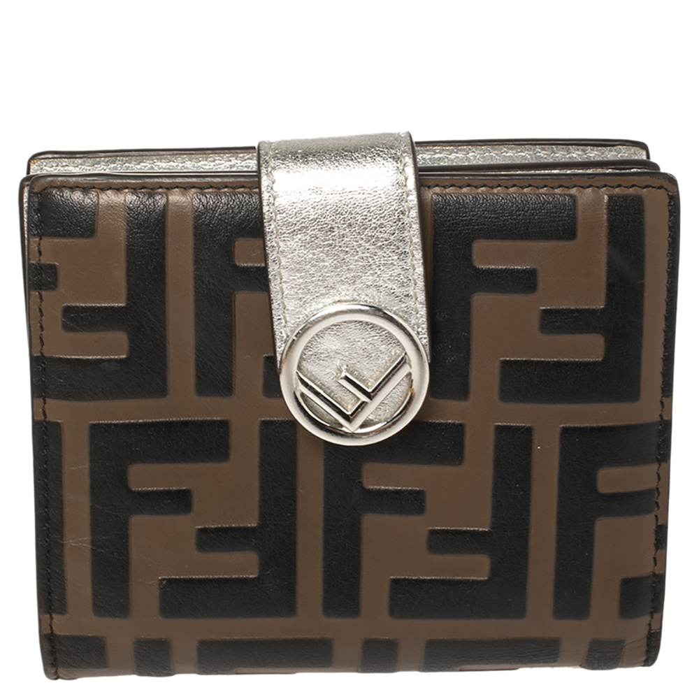Fendi Tobacco/Silver Zucca Embossed Leather Compact Wallet