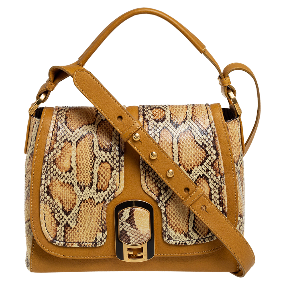 Fendi Mustard/Brown Python And Leather Silvana Top Handle Bag
