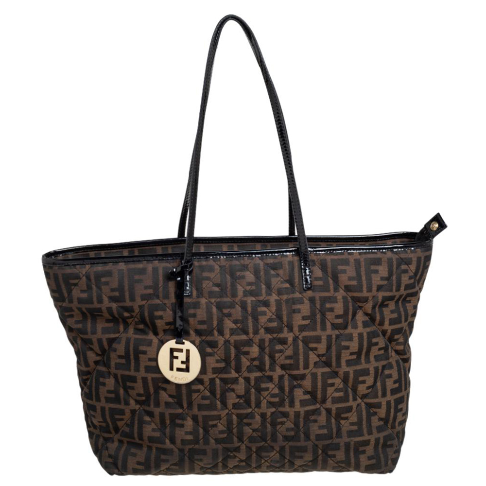 Fendi Brown/Black Zucca Quilted Canvas and Patent Leather Large Roll Tote