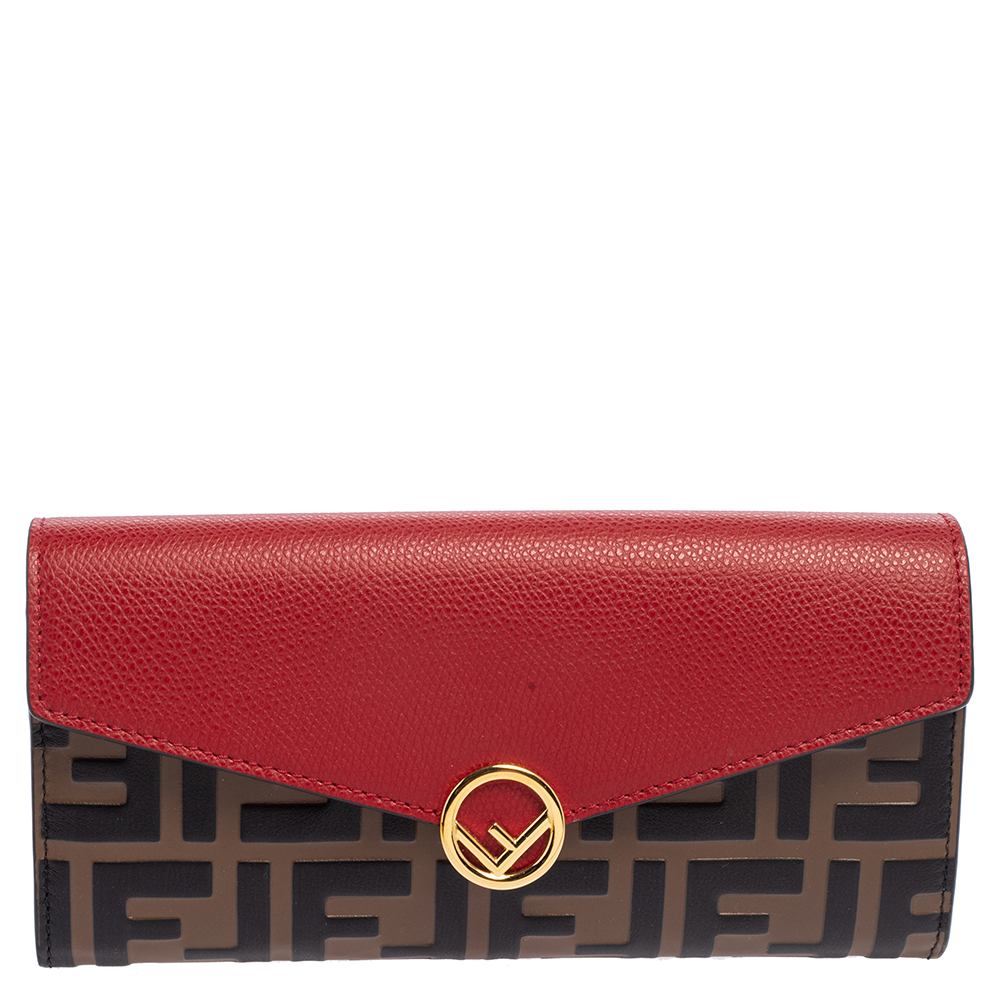 Fendi Red/Brown Zucca Leather F is Fendi Continental Wallet