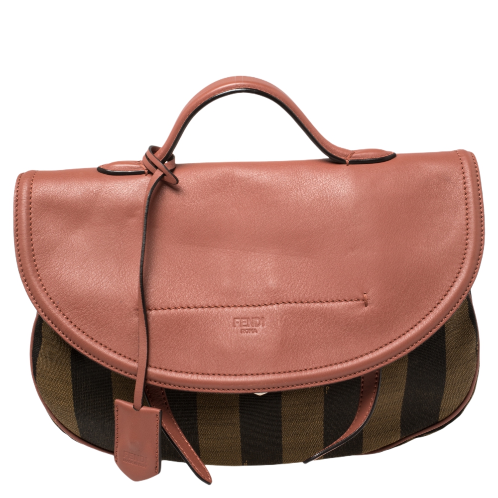 Fendi Pink/Tobacco Pequin Canvas and Leather Medium Top Handle Bag