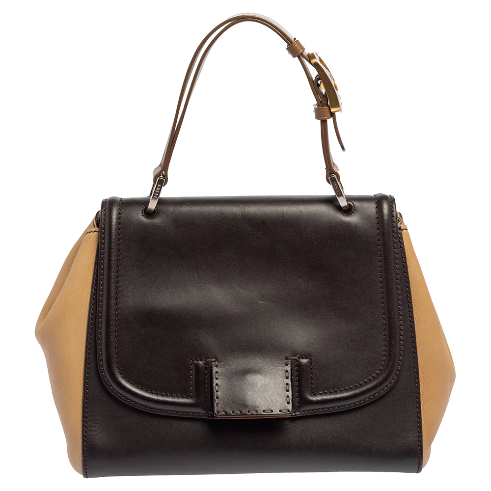 Fendi Beige/Brown Leather Silvana Top Handle Bag