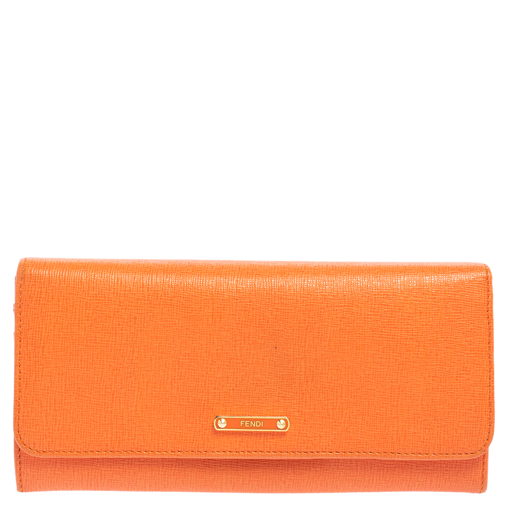Fendi Orange Leather Flap Continental Wallet