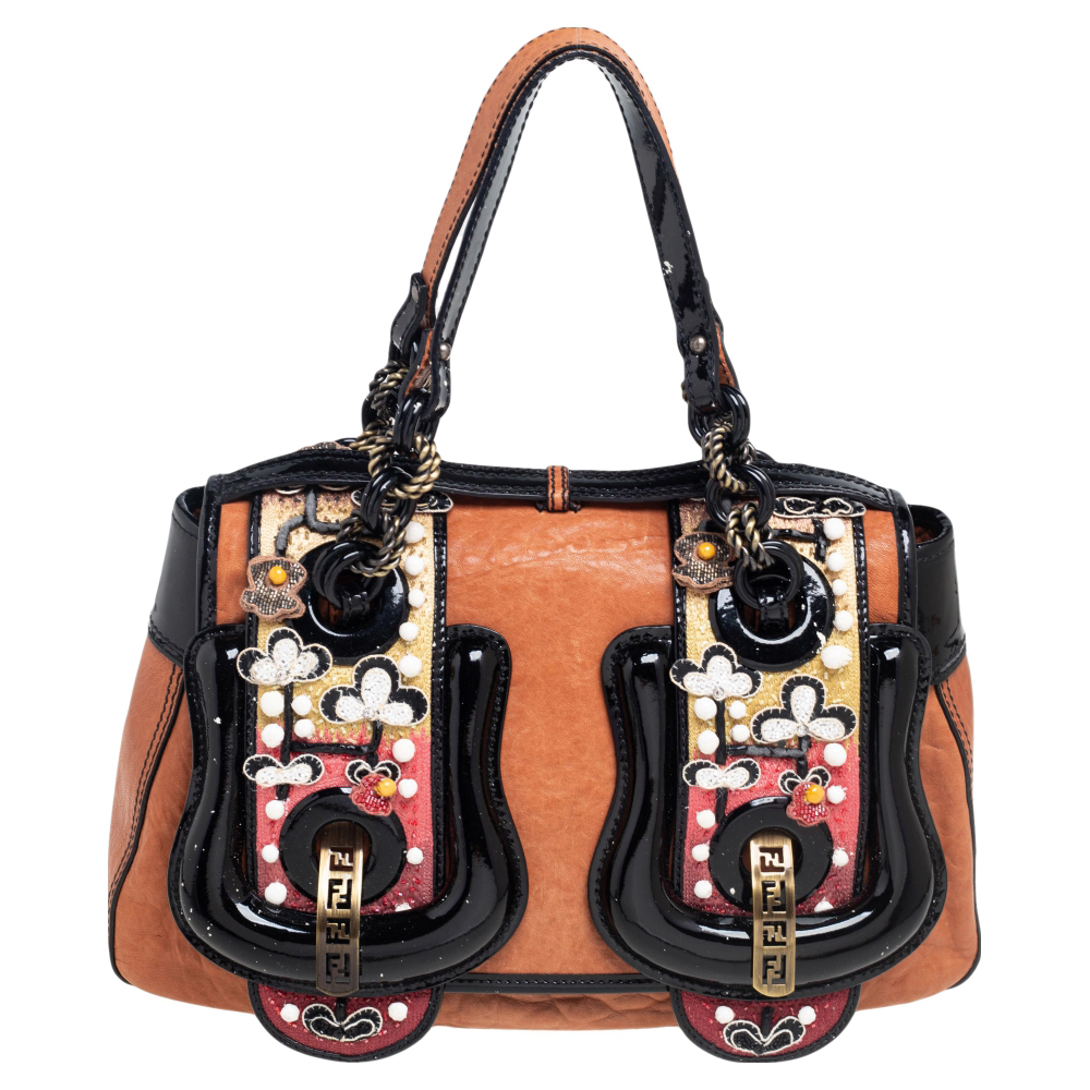 Fendi Brown/Black Patent Leather and Leather Embellished B Shoulder Bag