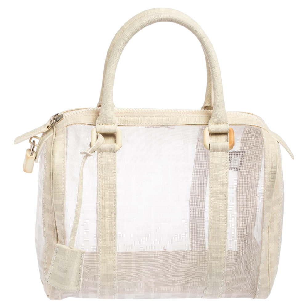 Fendi white zucca mesh and coated canvas bauletto boston bag