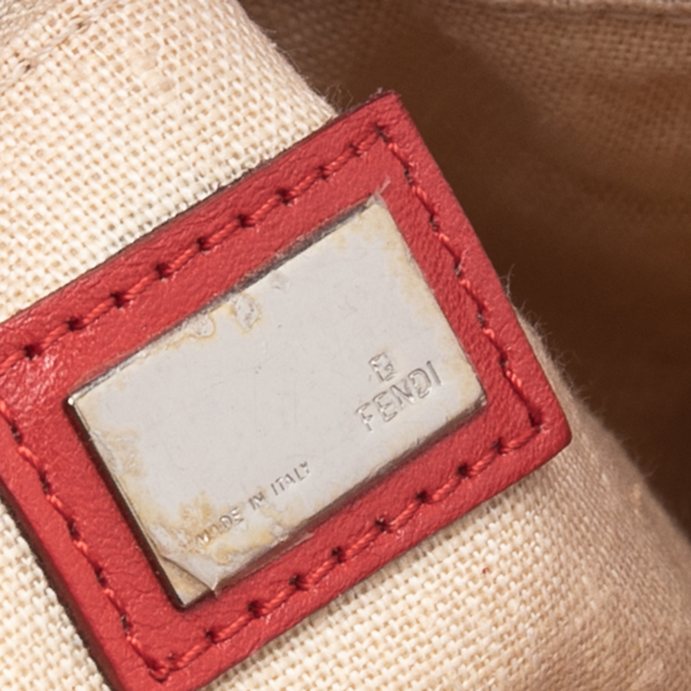 Fendi Red/White Canvas And Leather Maxi Baguette Embellished Shoulder Bag