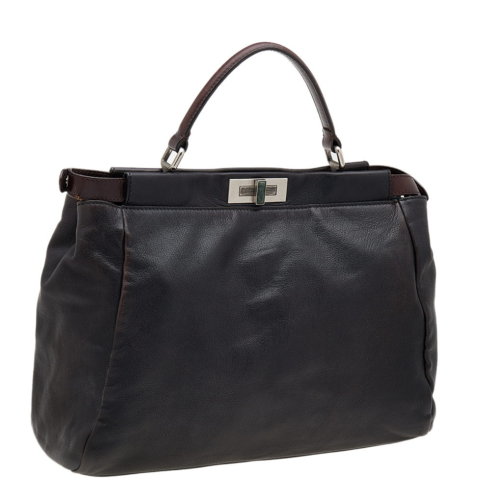 Fendi Black/Dark Brown Leather Large Peekaboo Top Handle Bag