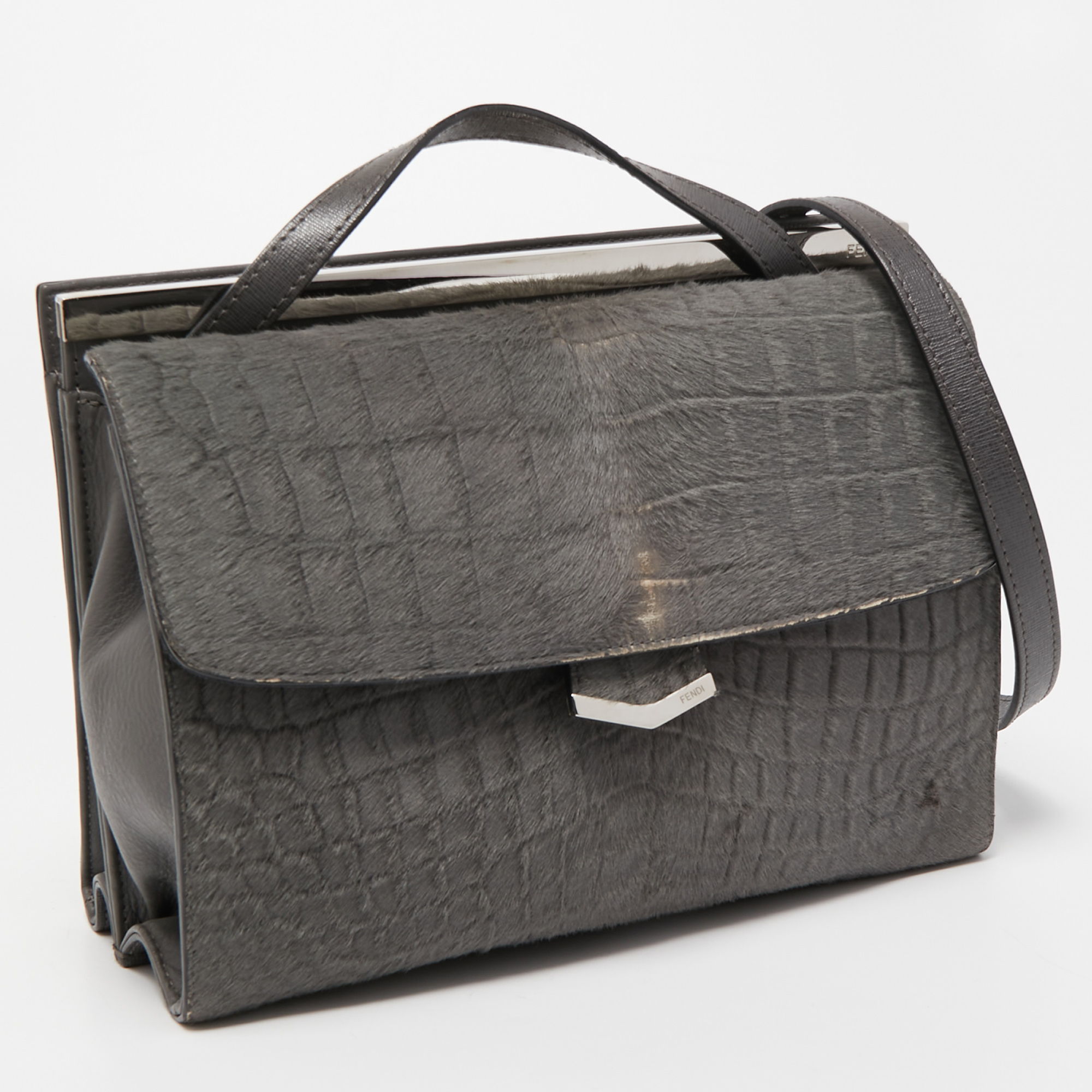 Fendi Grey Croc Embossed Calfhair And Leather Small Demi Jour Top Handle Bag