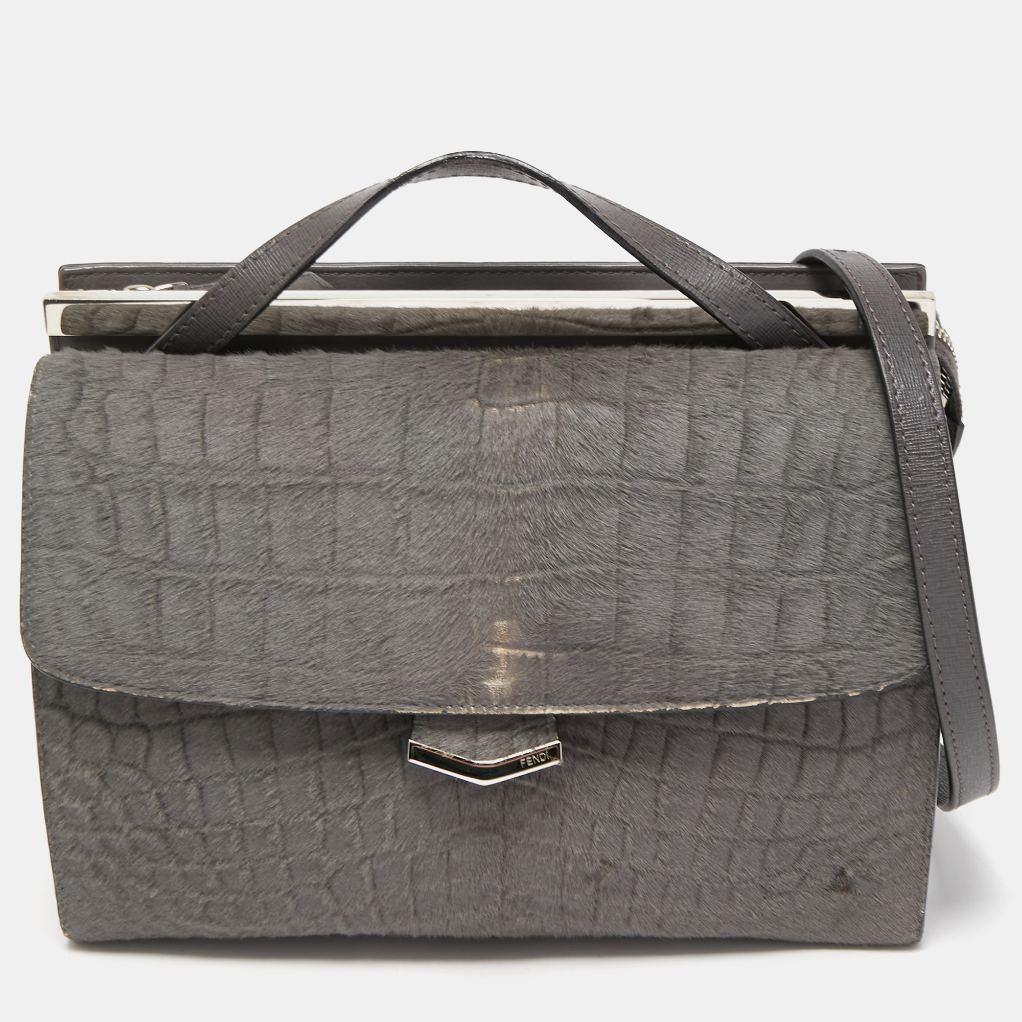Fendi Grey Croc Embossed Calfhair And Leather Small Demi Jour Top Handle Bag