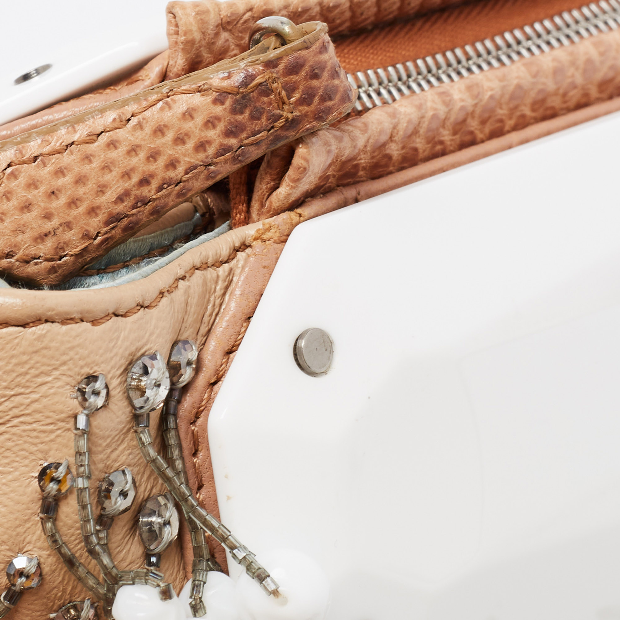 Fendi  Beige/White Leather And Lizard Beaded To You Clutch Bag