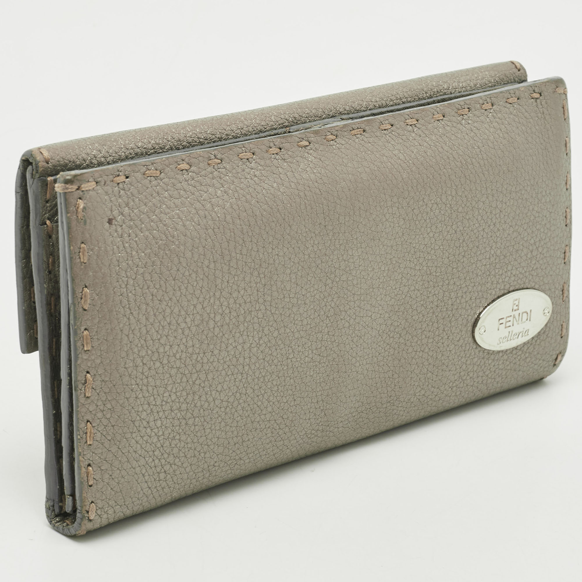 Fendi Grey Selleria Leather Logo Flap Trifold Wallet