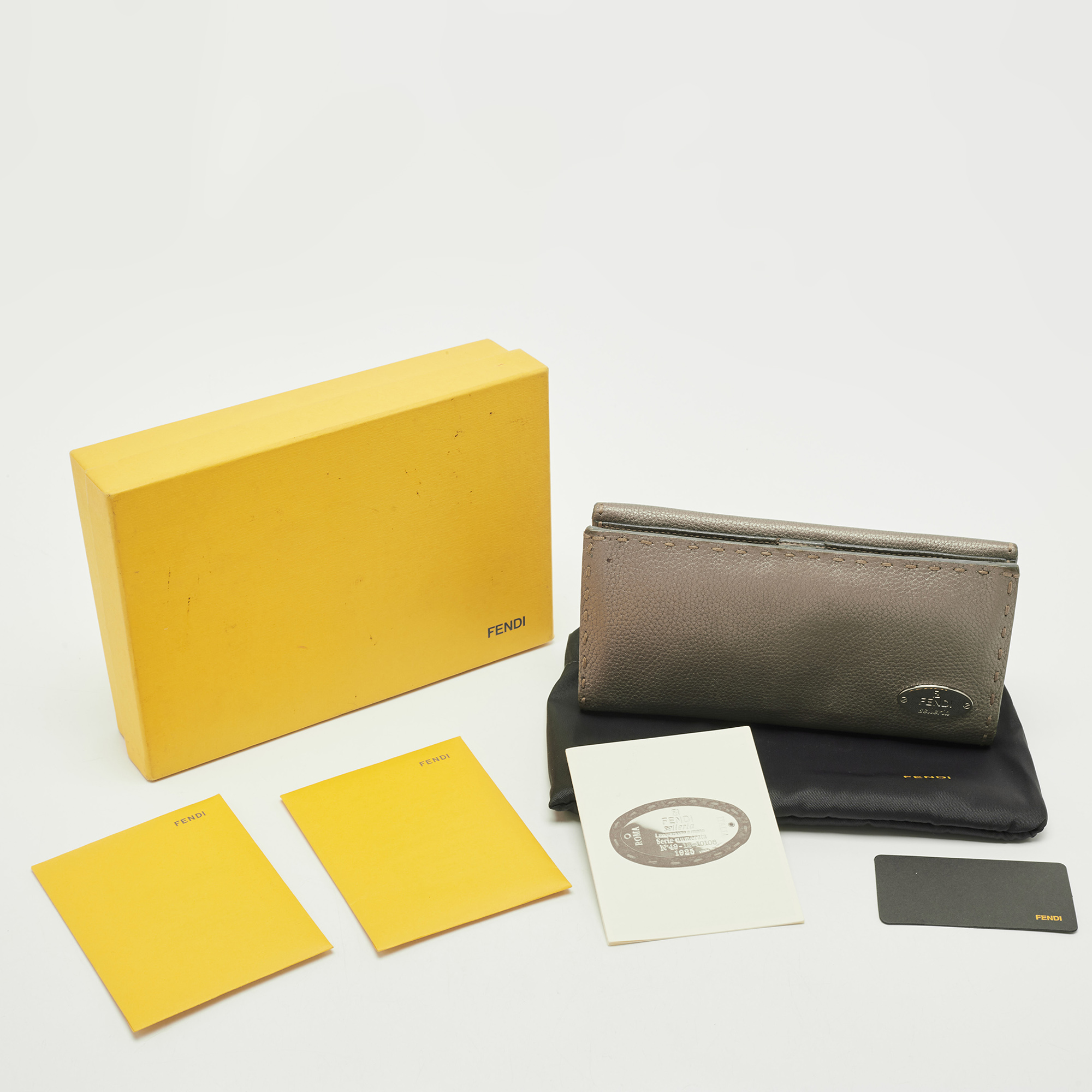 Fendi Grey Selleria Leather Logo Flap Trifold Wallet