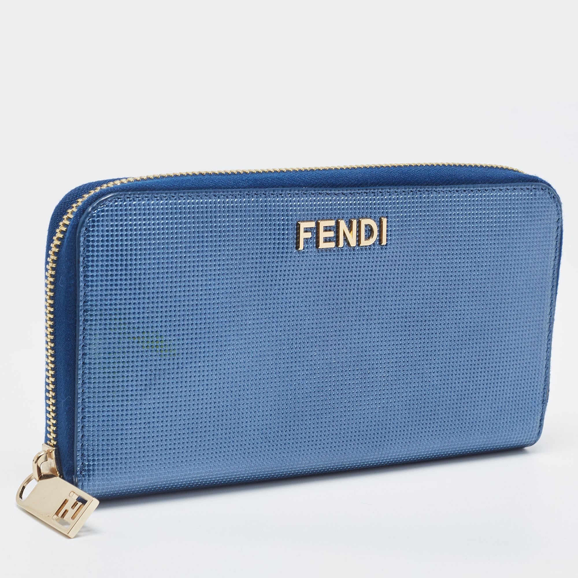 Fendi Metallic Blue Textured Leather Zip Around Continental Wallet