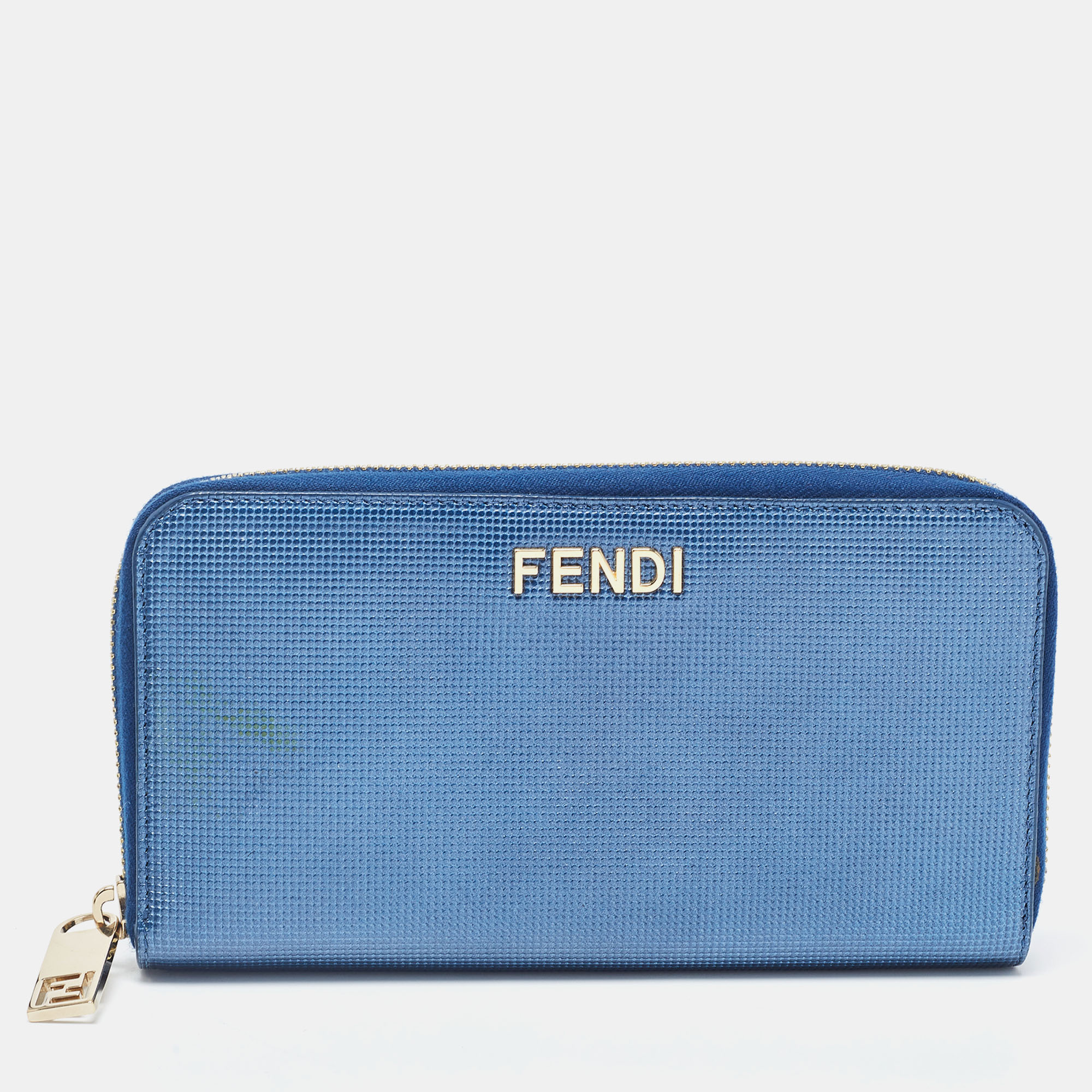 Fendi Metallic Blue Textured Leather Zip Around Continental Wallet