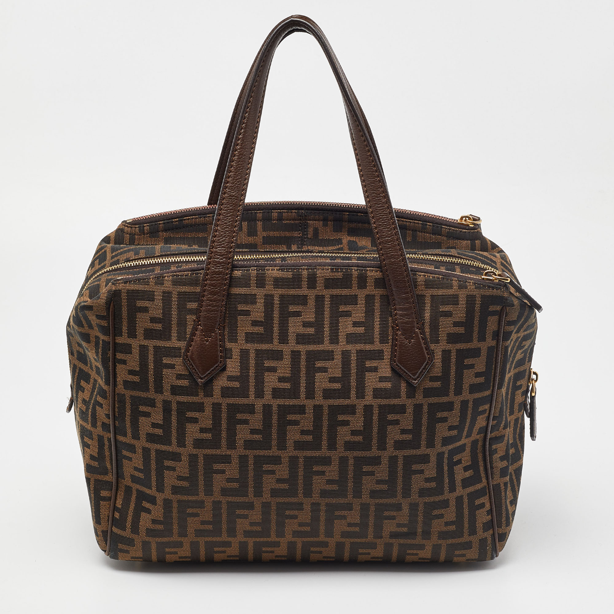 Fendi Tobacco Zucca Canvas And Leather Double Zip Tote