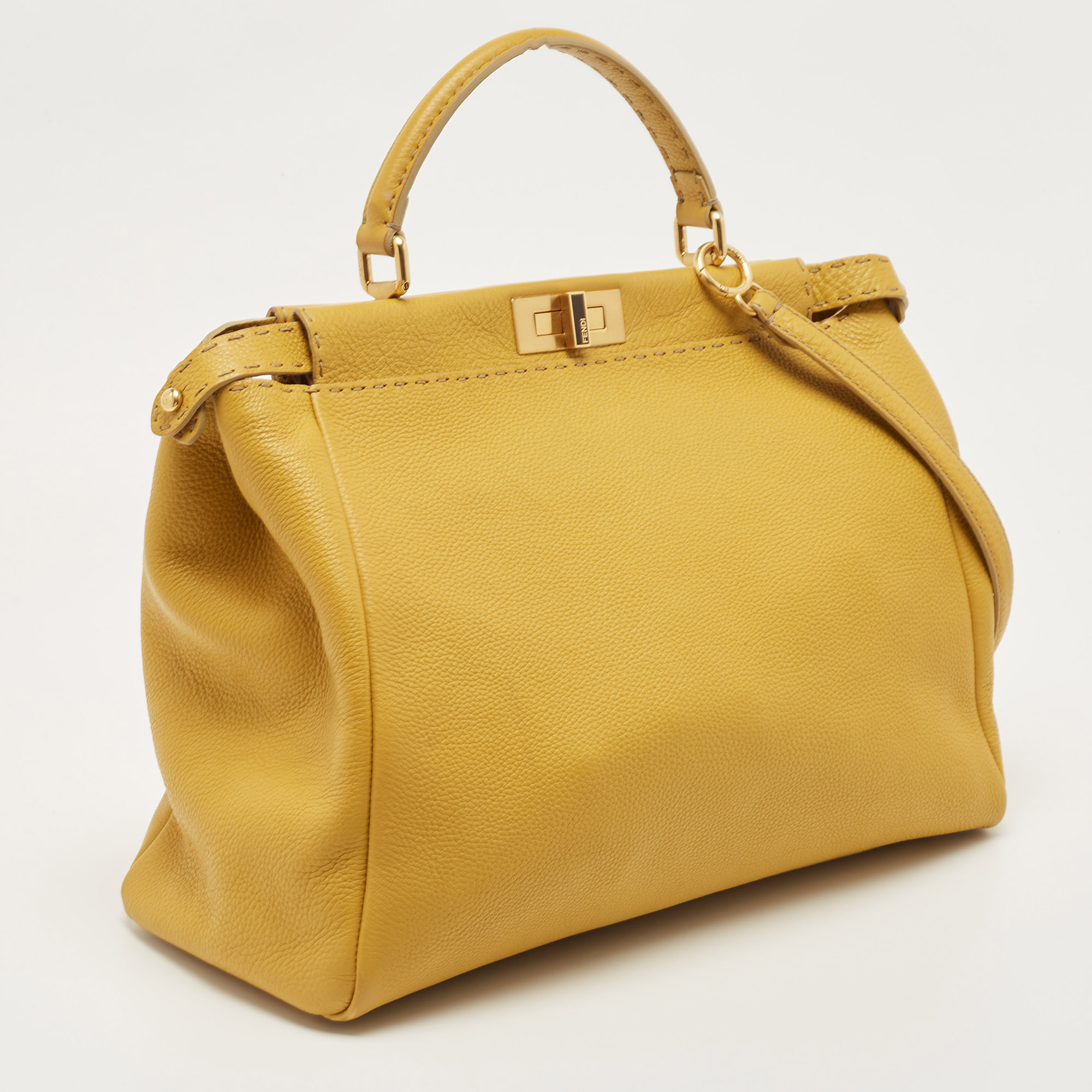 Fendi Yellow Selleria Leather Large Peekaboo Top Handle Bag