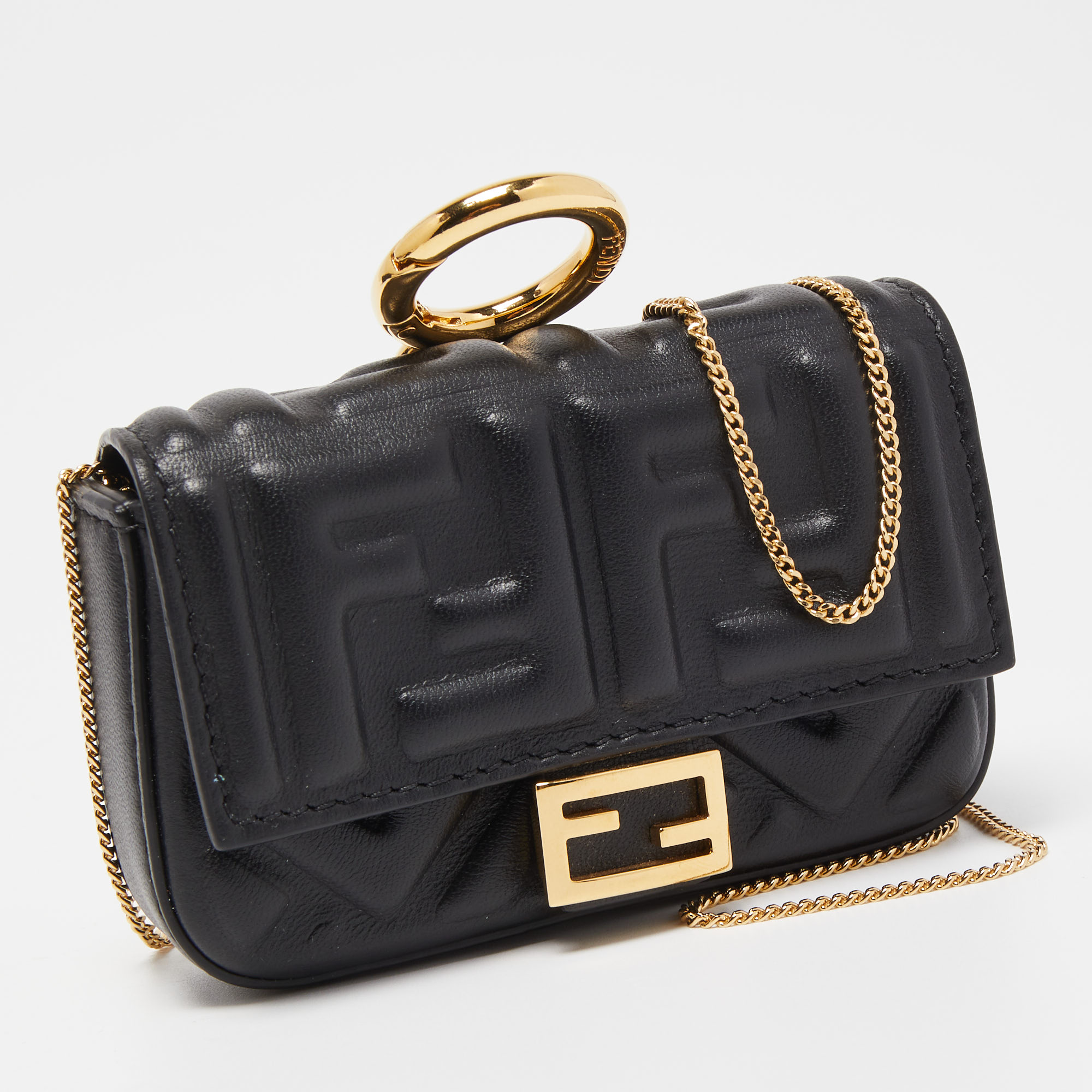 

Fendi Black FF Embossed Leather Nano Baguette Charm Bag