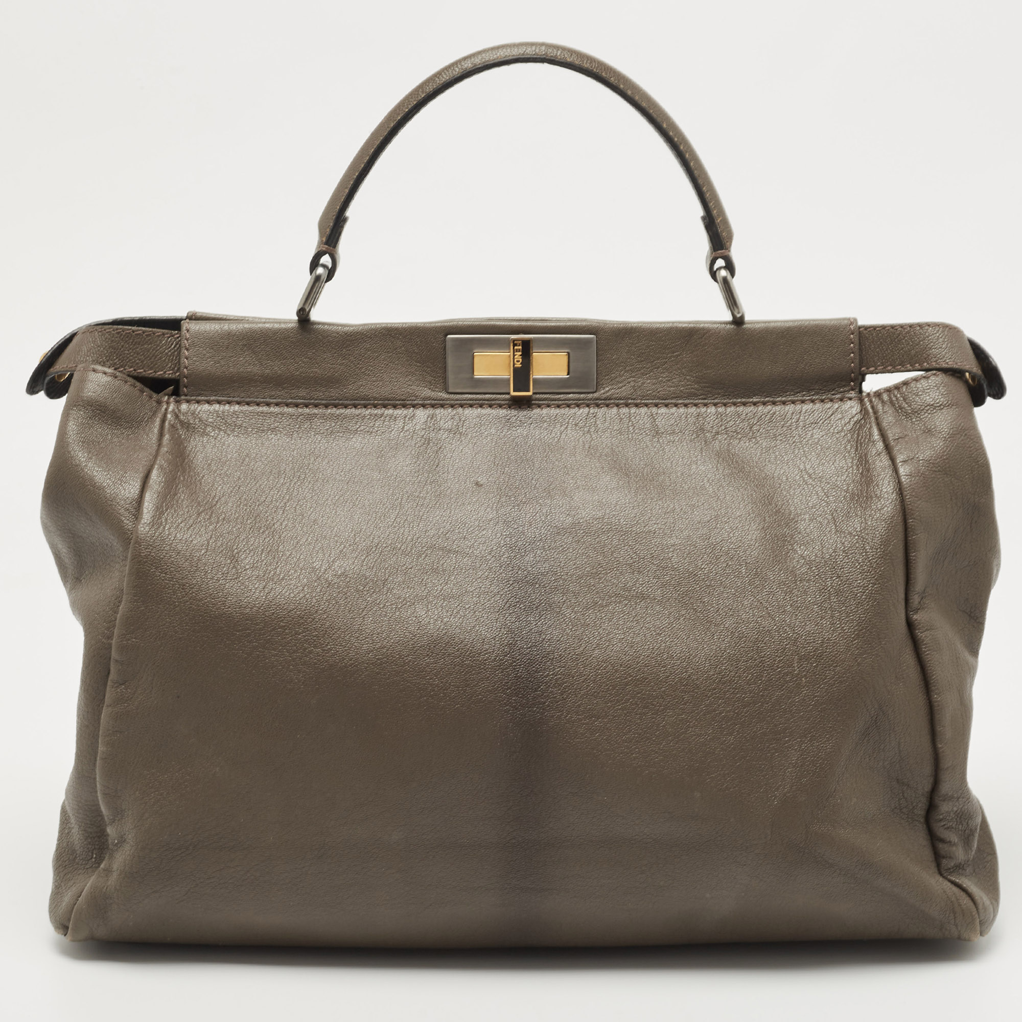 Fendi Dark Grey Leather Large Peekaboo Top Handle Bag