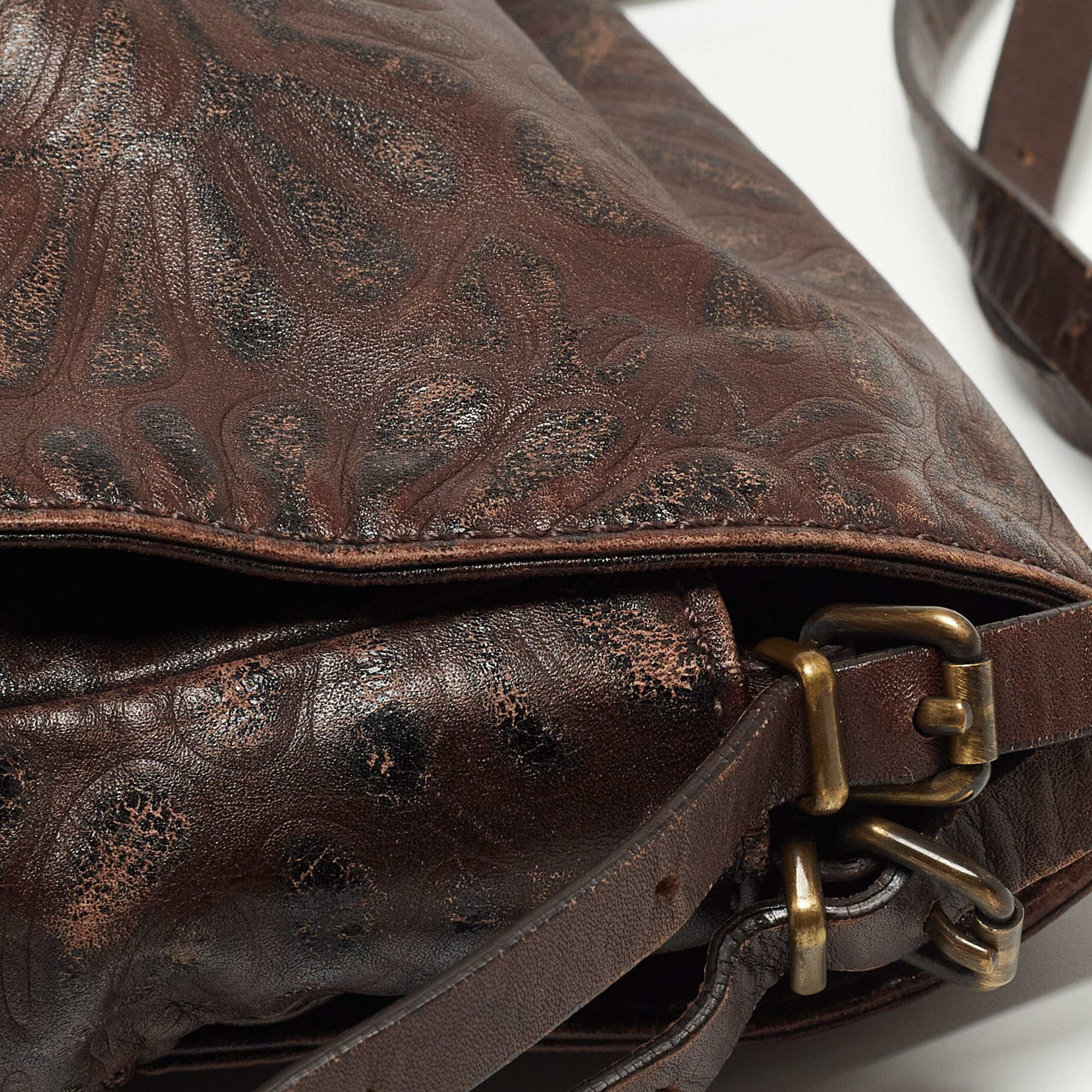 Fendi Dark Brown Embossed Leather Buckle Flap Shoulder Bag