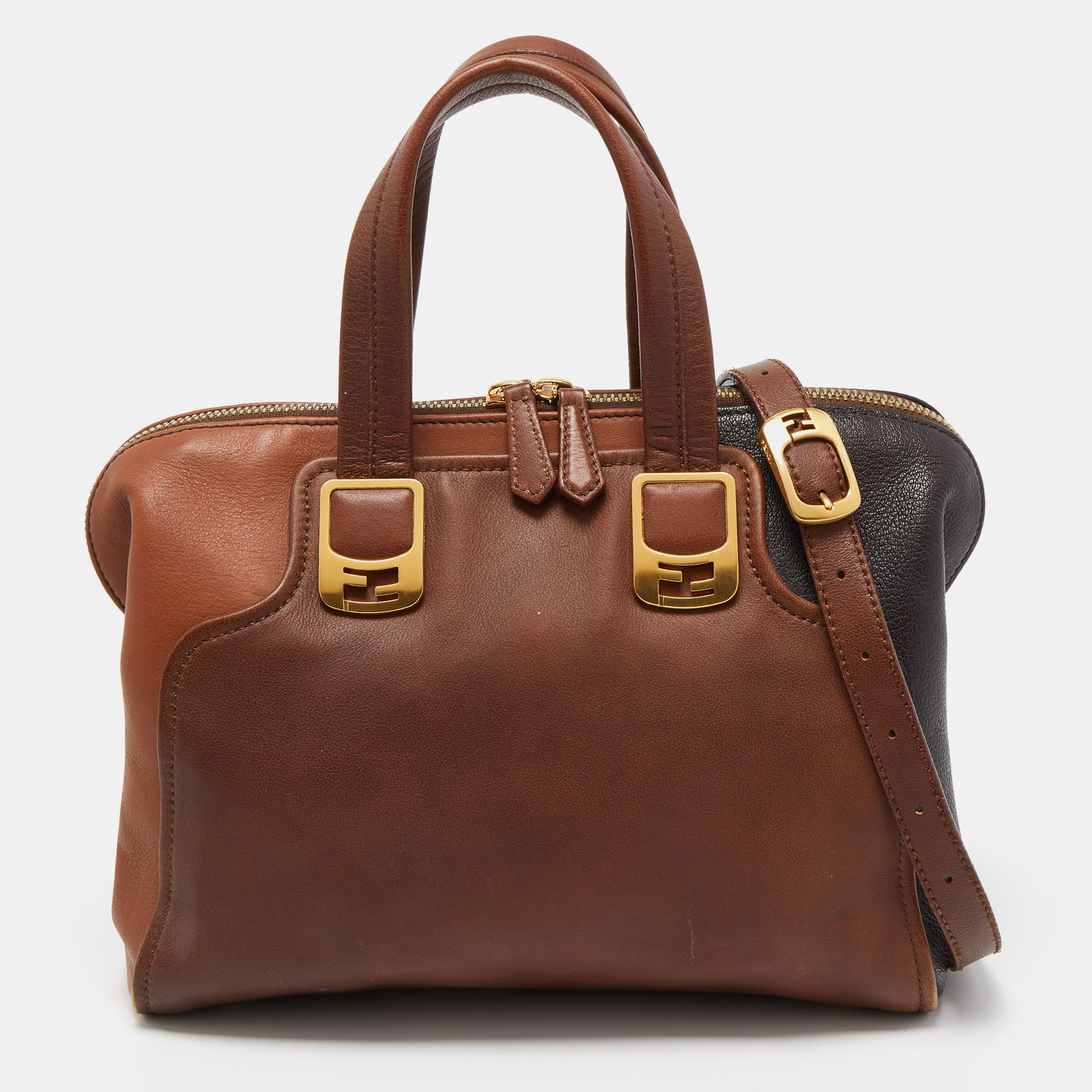 Fendi two tone brown leather chameleon satchel