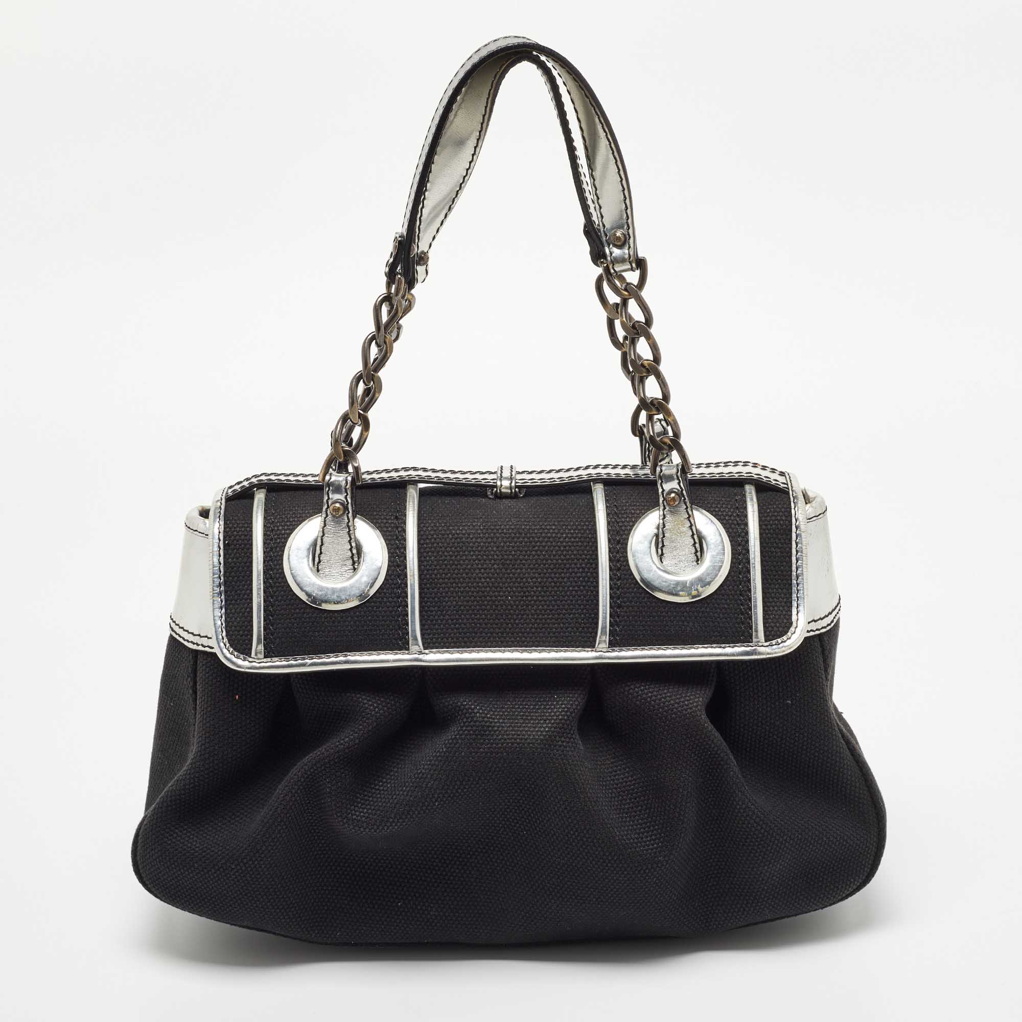 Fendi Black/Silver Canvas And Patent Leather B Shoulder Bag