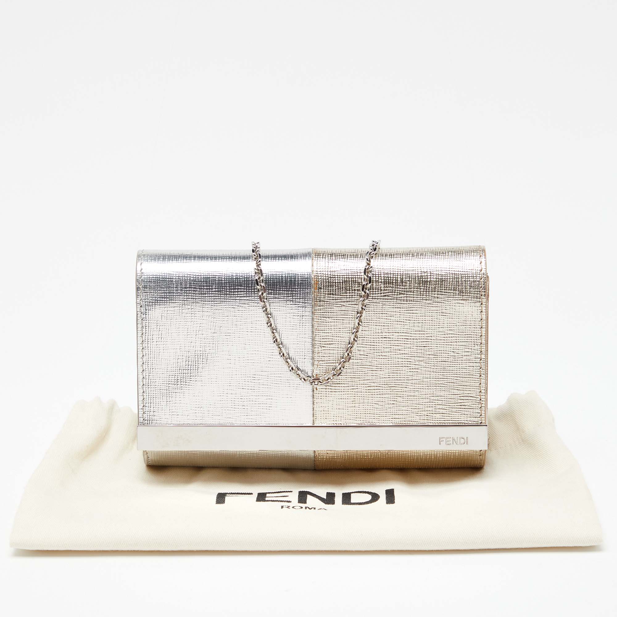 Fendi Silver/Gold Patent Leather Mini Rush Chain Clutch