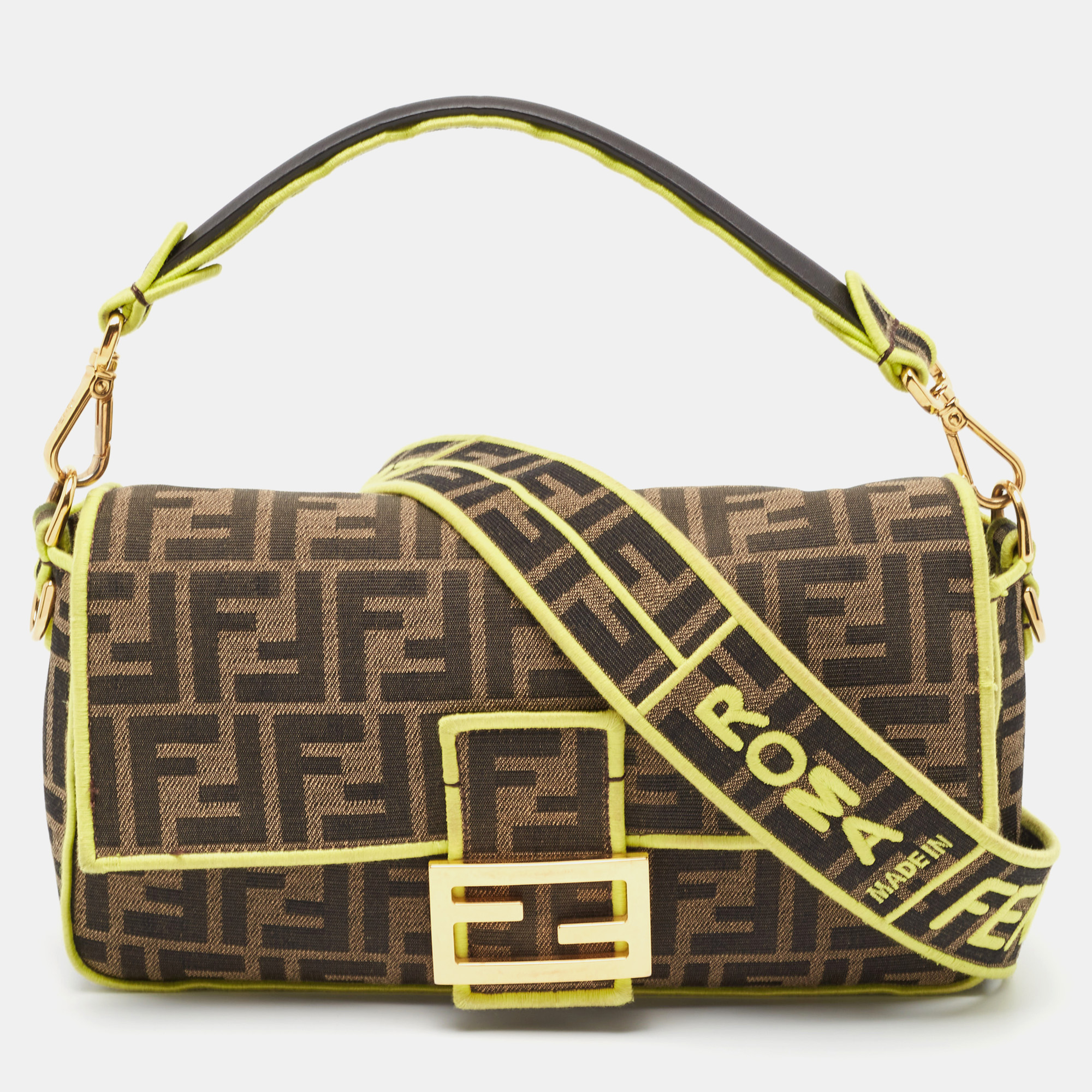 Fendi neon green/tobacco zucca canvas baguette shoulder bag