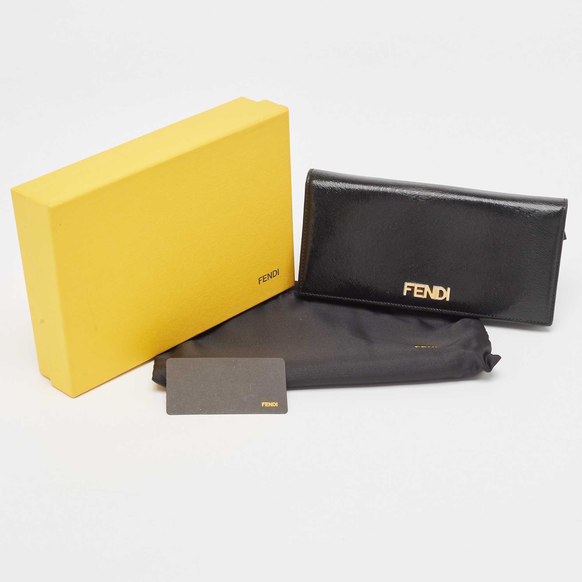 Fendi Black Glossy Leather Logo Flap Continental Wallet
