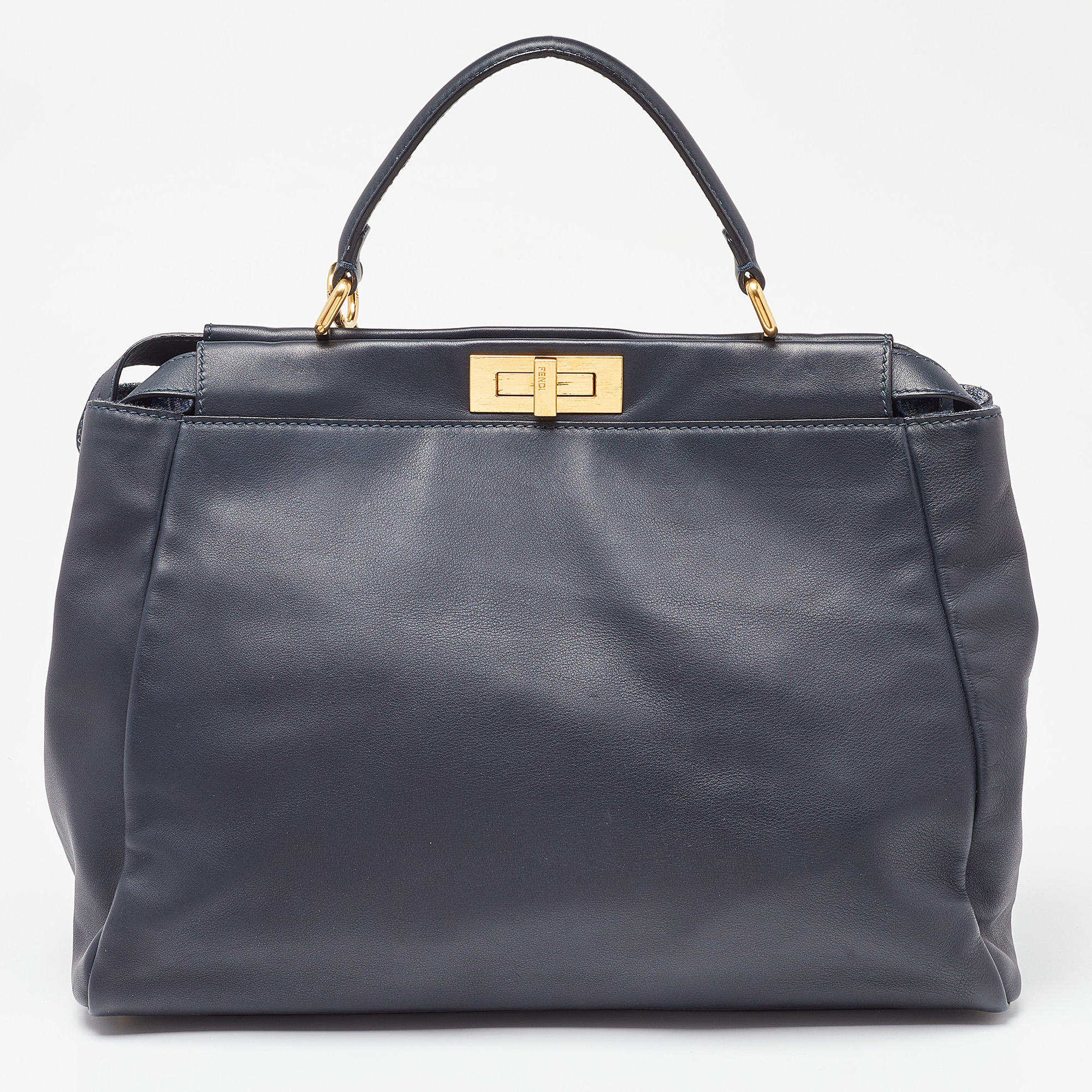 Fendi Dark Blue Leather Large Peekaboo Top Handle Bag