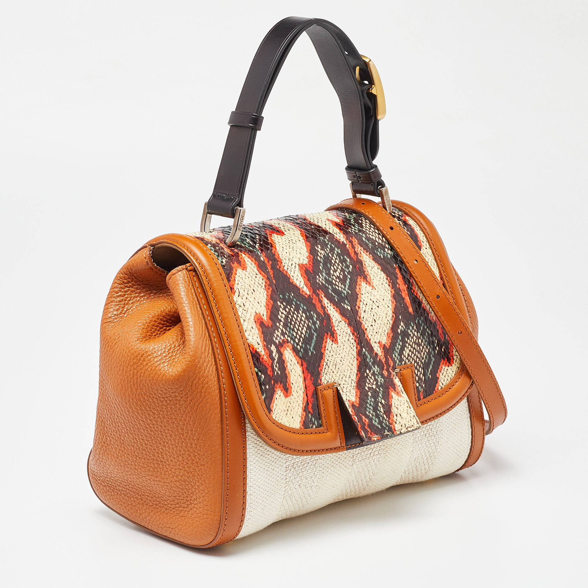 Fendi Multicolor Leather, Canvas And Snakeskin Silvana Top Handle Bag