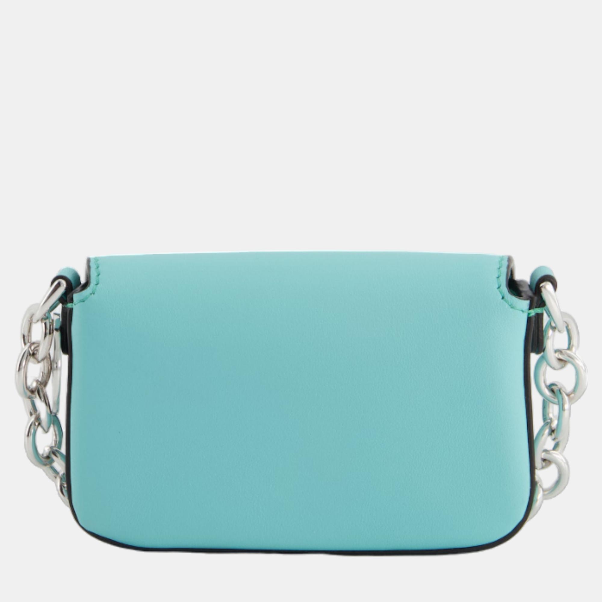 Fendi X Tiffany&Co Tiffany Blue Leather Nano Baguette Bag With Sterling Silver Hardware And Tiffany Tag