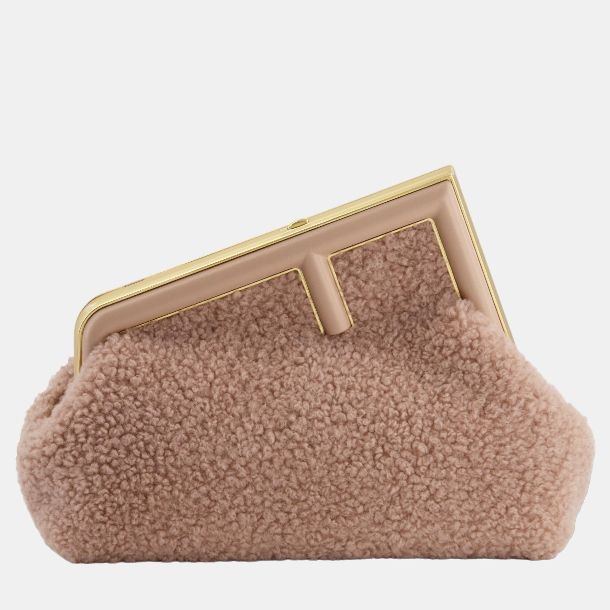 Fendi first small dusty pink sheepskin bag with gold hardware