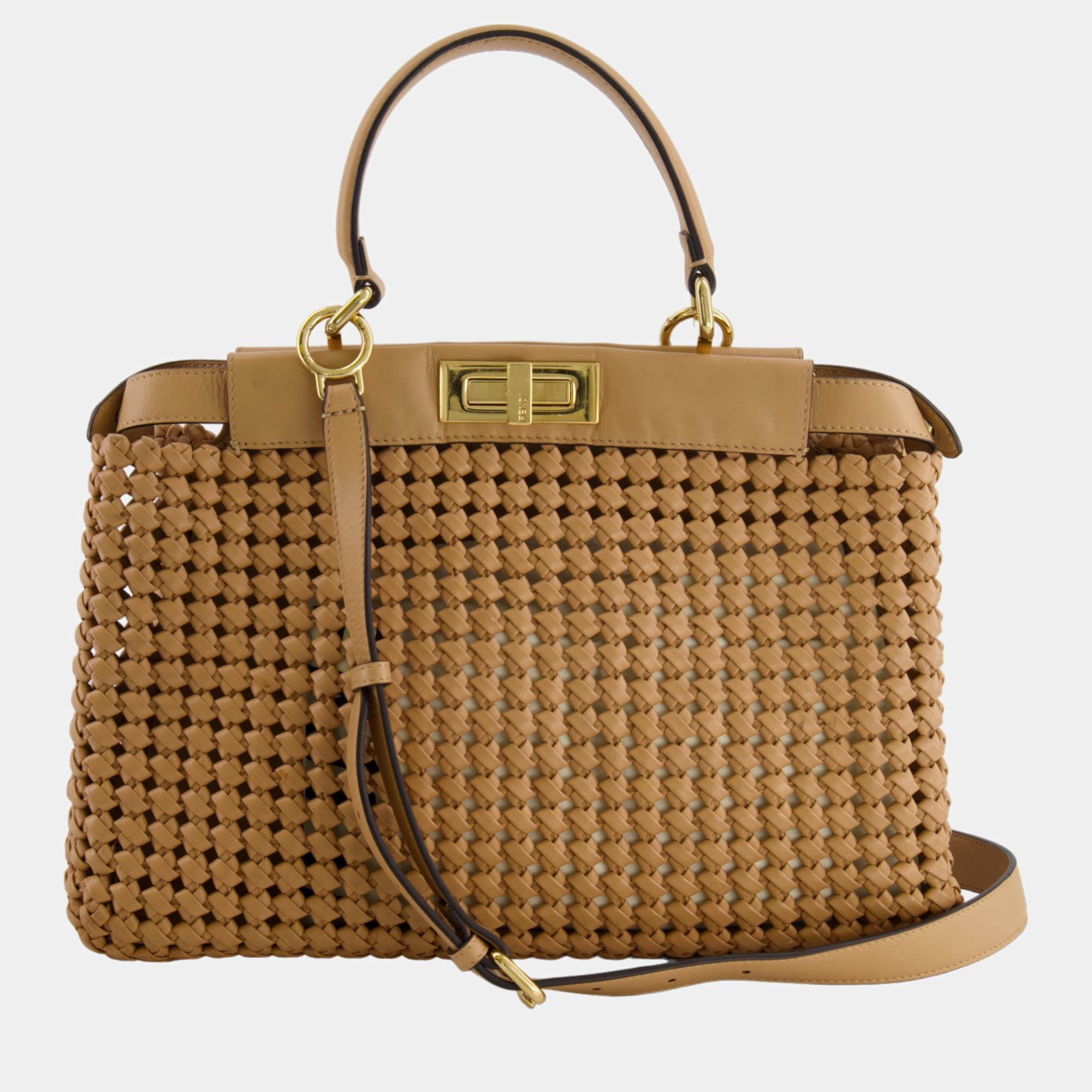 Fendi Beige Leather Interlace Large Peekaboo Bag With Gold Hardware