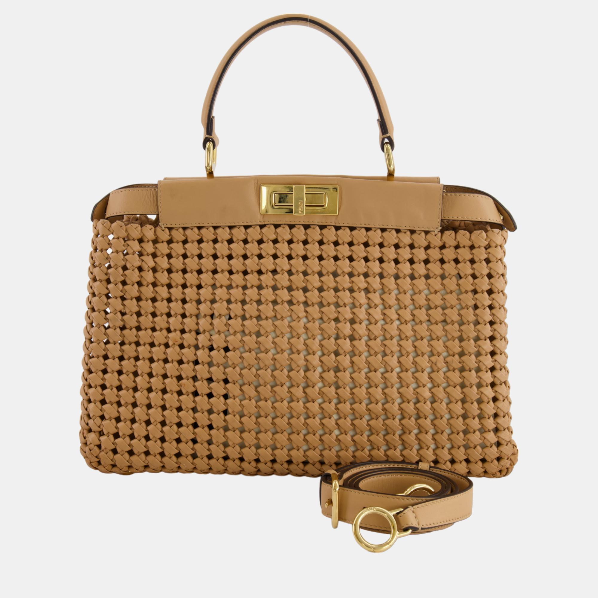 Fendi Beige Leather Interlace Large Peekaboo Bag With Gold Hardware