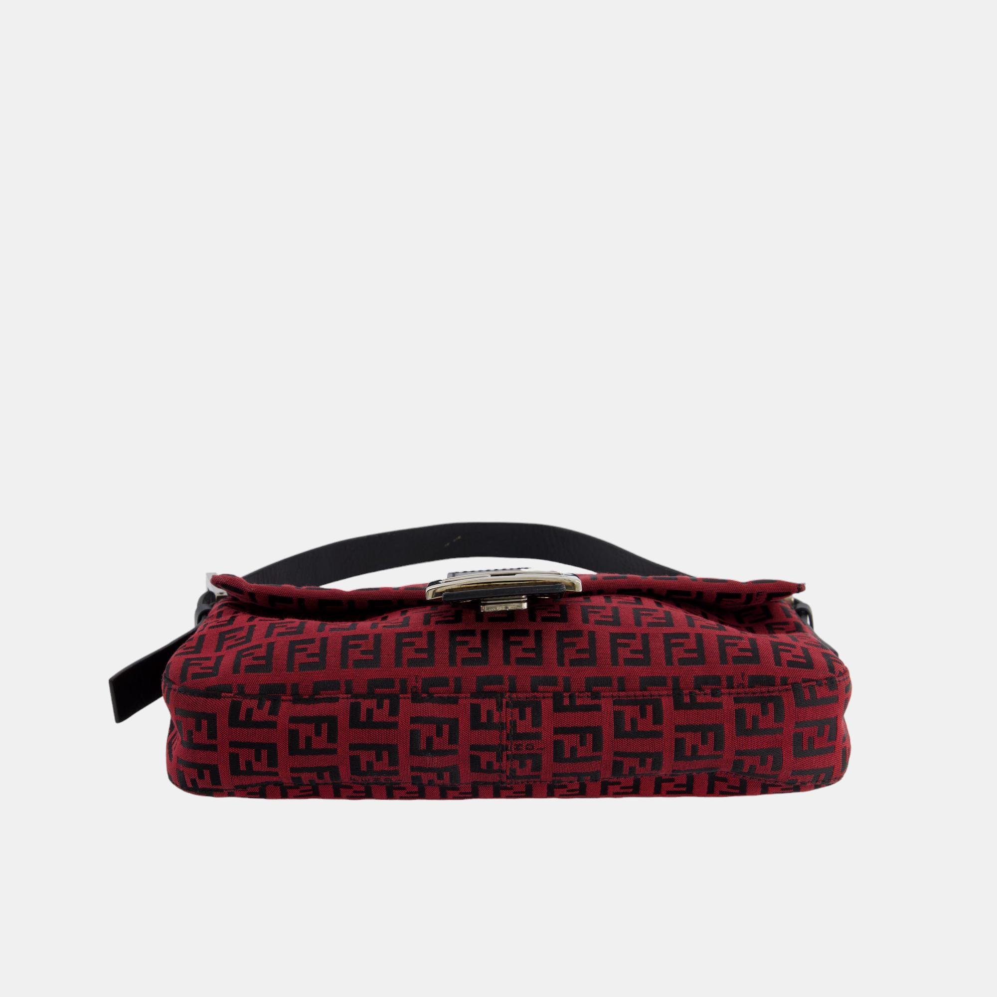 Fendi Vintage Red, Black Monogram FF Baguette Bag With Silver Hardware