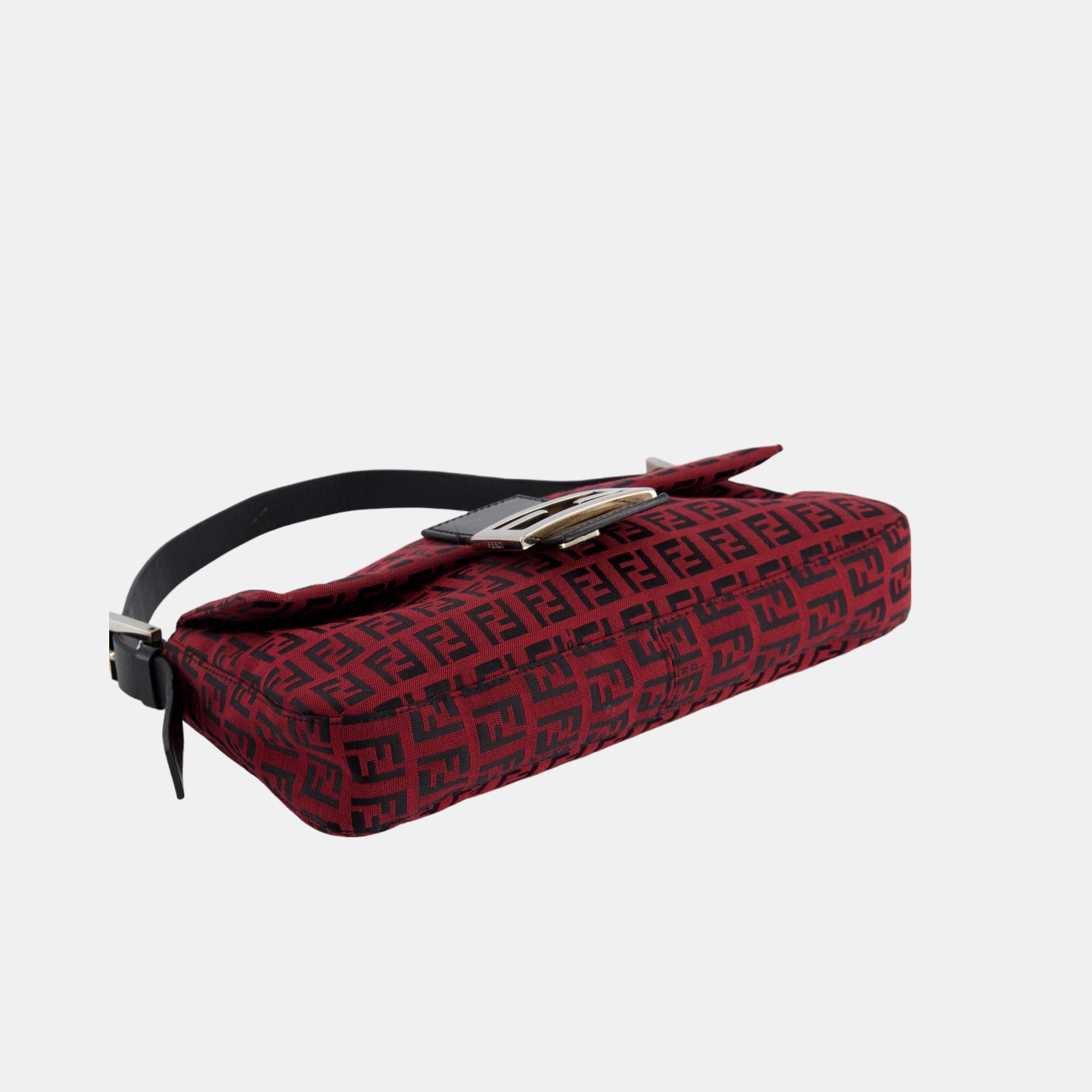 Fendi Vintage Red, Black Monogram FF Baguette Bag With Silver Hardware