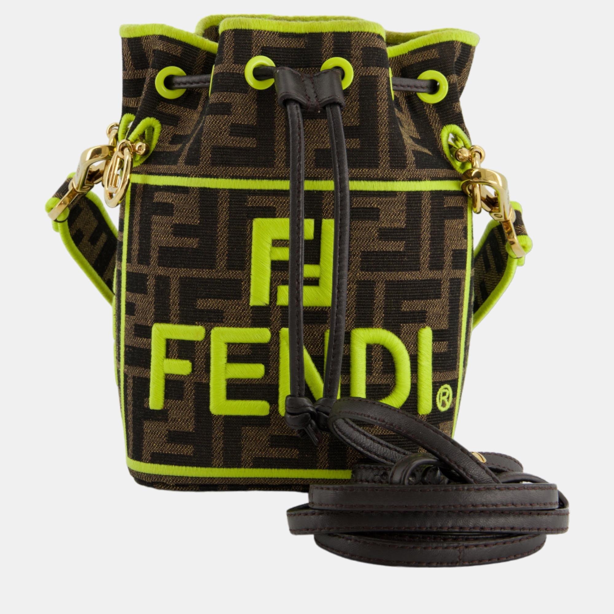 Fendi Brown Monogram With Lime Logo Stitch Mon Tresor Bucket Bag With Gold Hardware