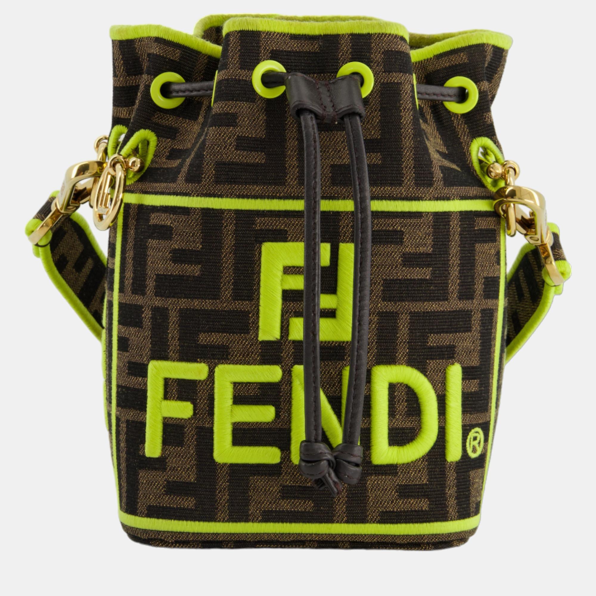 Fendi Brown Monogram With Lime Logo Stitch Mon Tresor Bucket Bag With Gold Hardware
