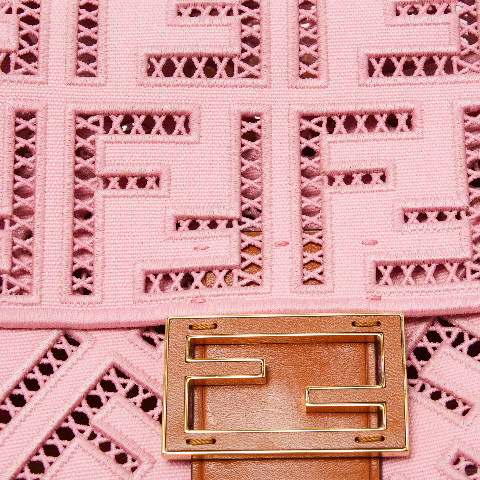 Fendi Pink FF Openwork Embroidered Canvas Medium Baguette Bag