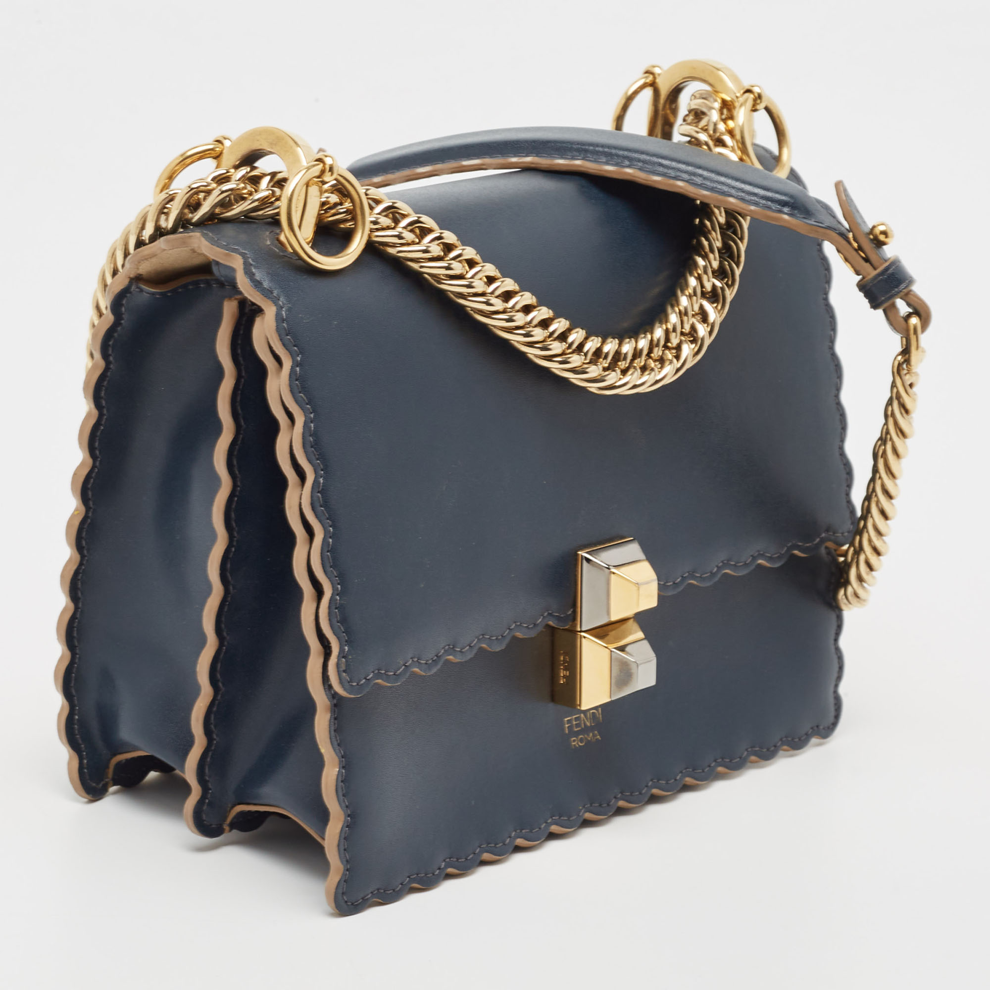 Fendi Navy Blue Leather Mini Scalloped Kan I Shoulder Bag
