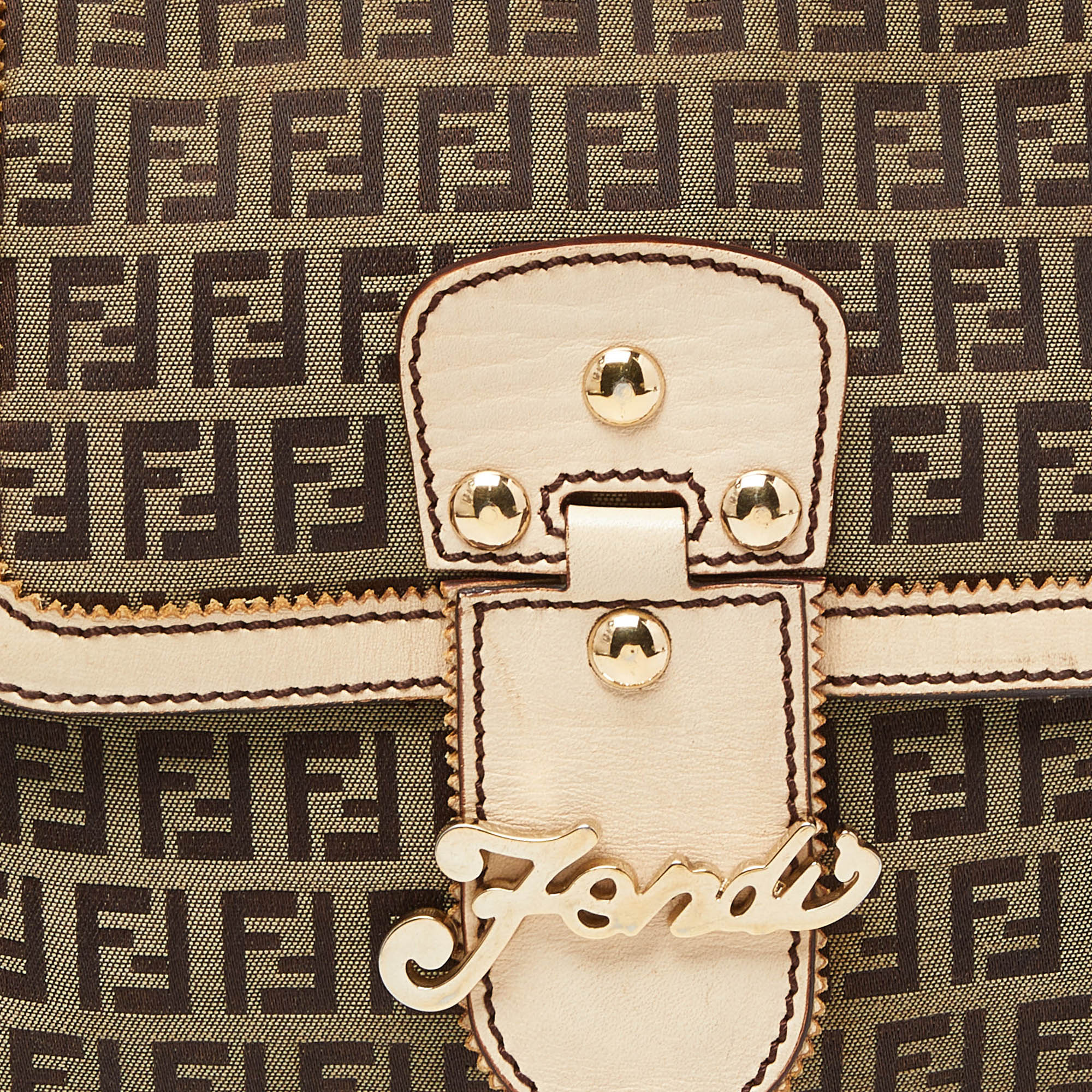 Fendi Beige Zucchino Fabric And Leather Logo Flap Bag