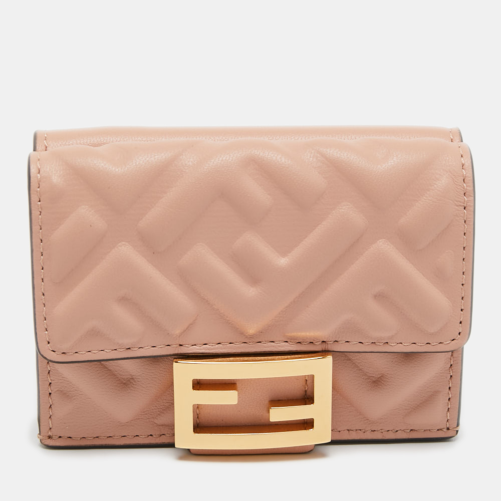Fendi Pink FF Diagonal Embossed Leather Micro Baguette Trifold Wallet