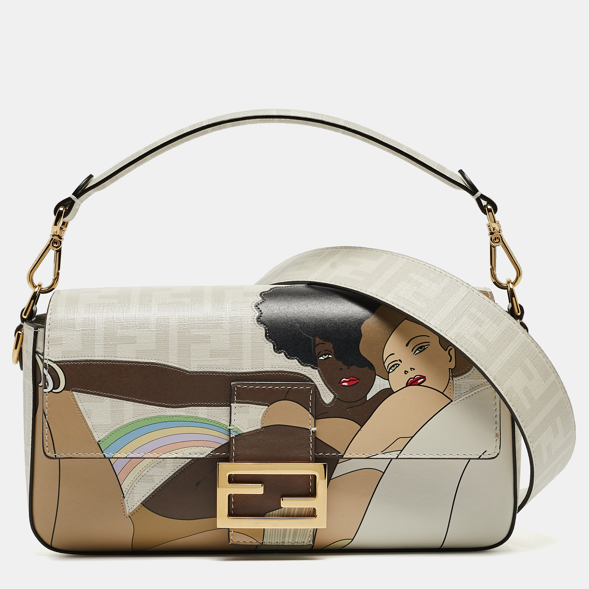 Fendi White FF Glazed Coated Canvas And Leather Inlay Baguette Shoulder Bag