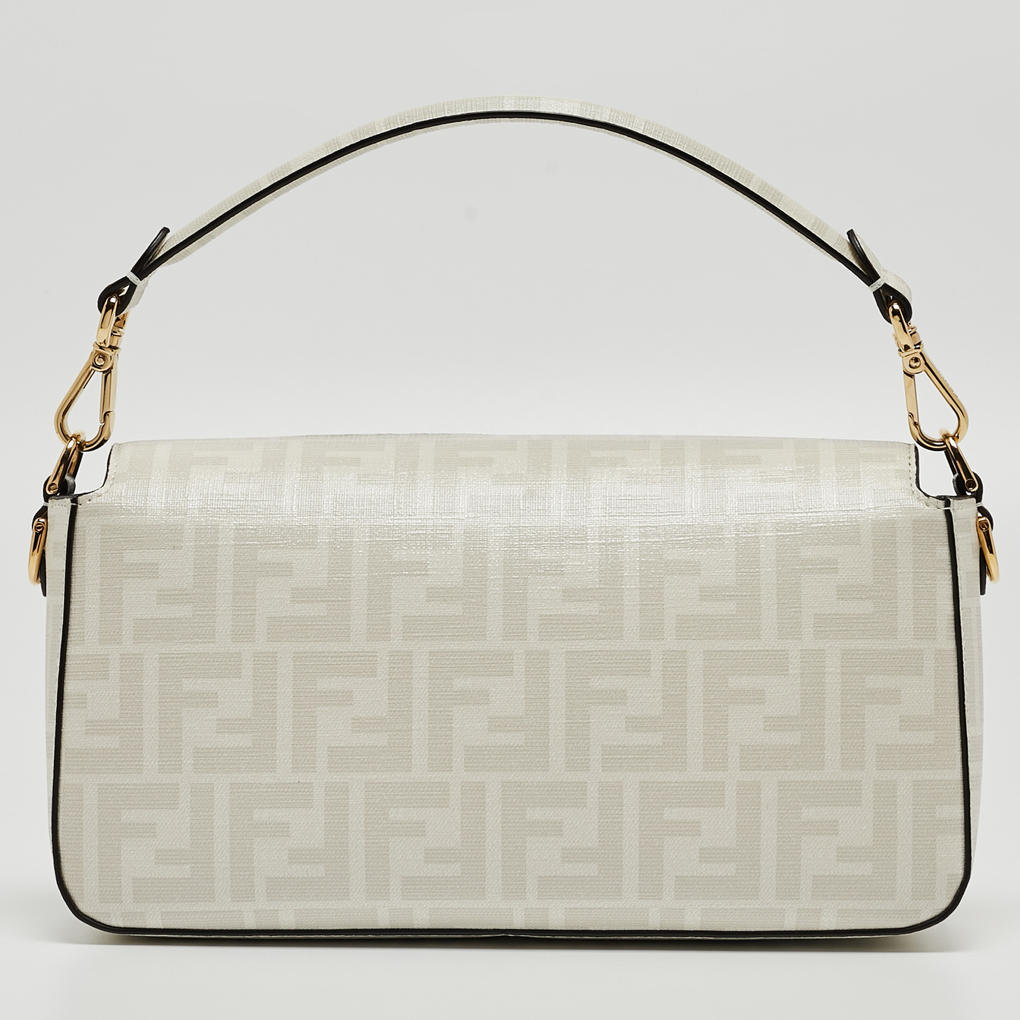 Fendi White FF Glazed Coated Canvas And Leather Inlay Baguette Shoulder Bag