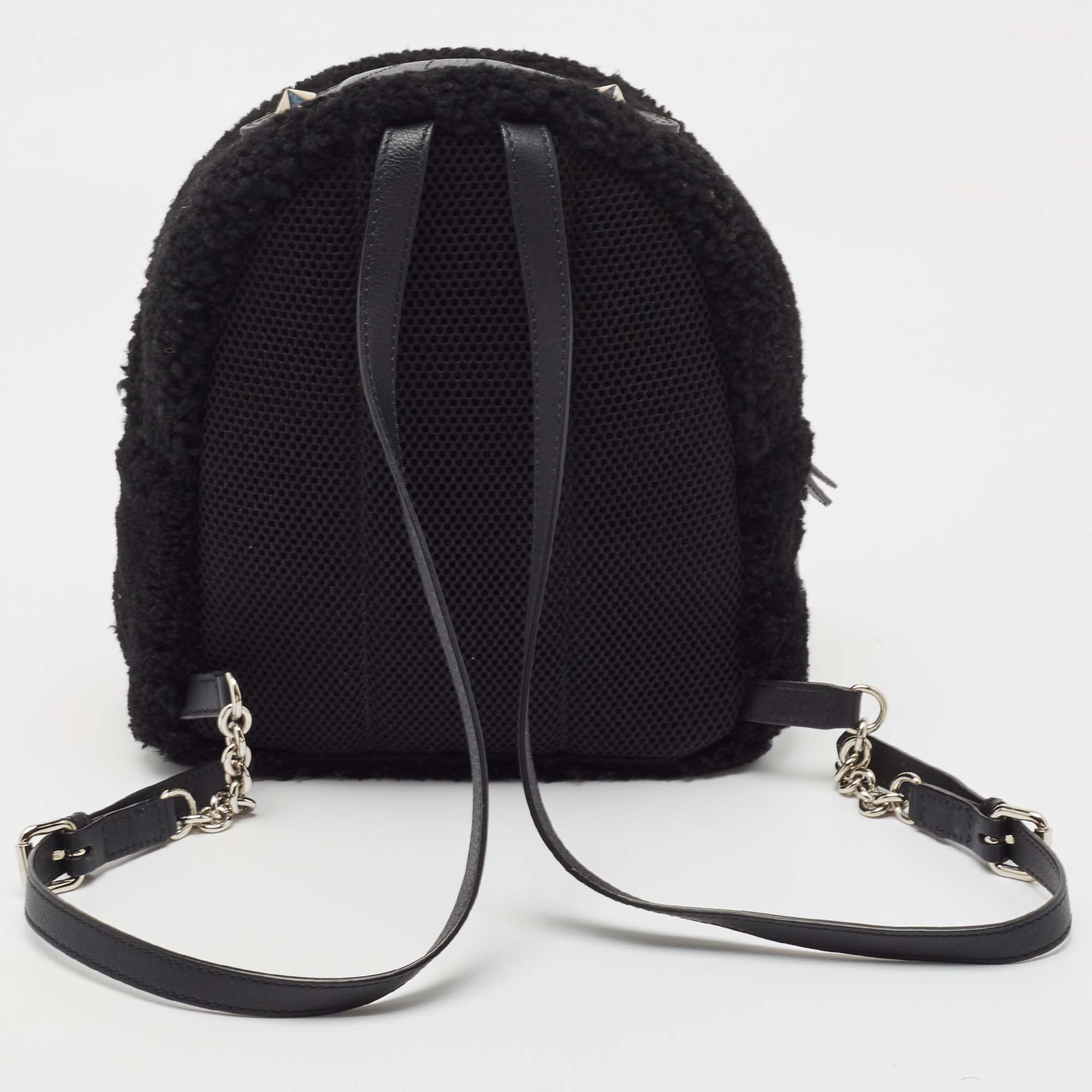 Fendi Black Shearling And Leather Monster Backpack