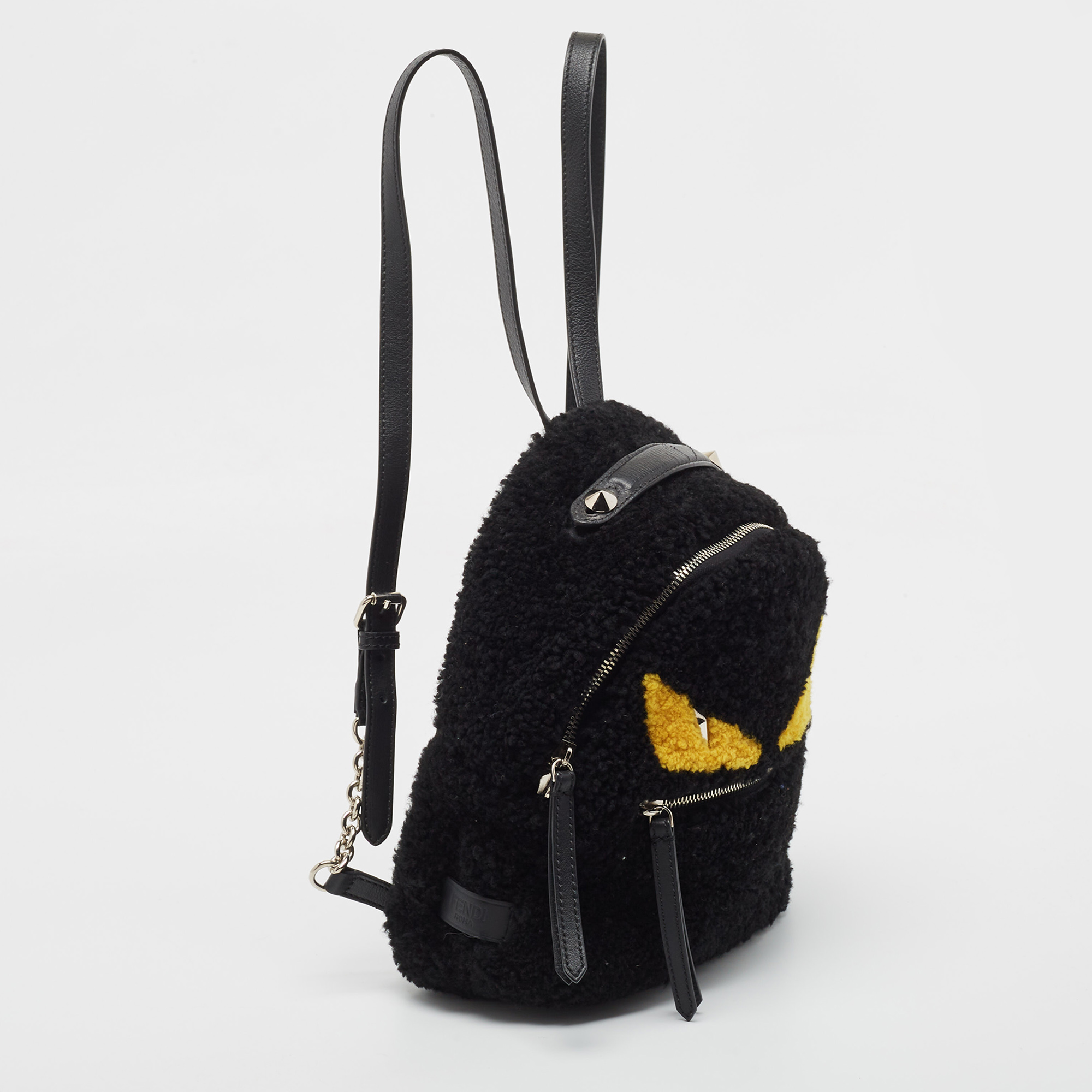 Fendi Black Shearling And Leather Monster Backpack