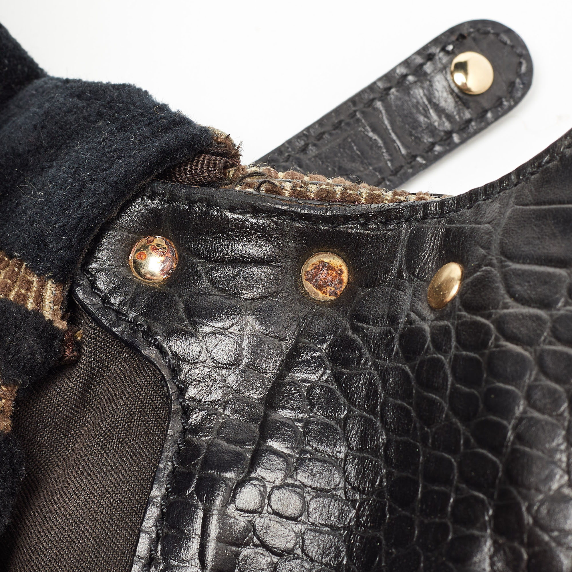 Fendi Black/Beige Pequin Striped Velvet And Croc Embossed Leather Magic Top Handle Bag