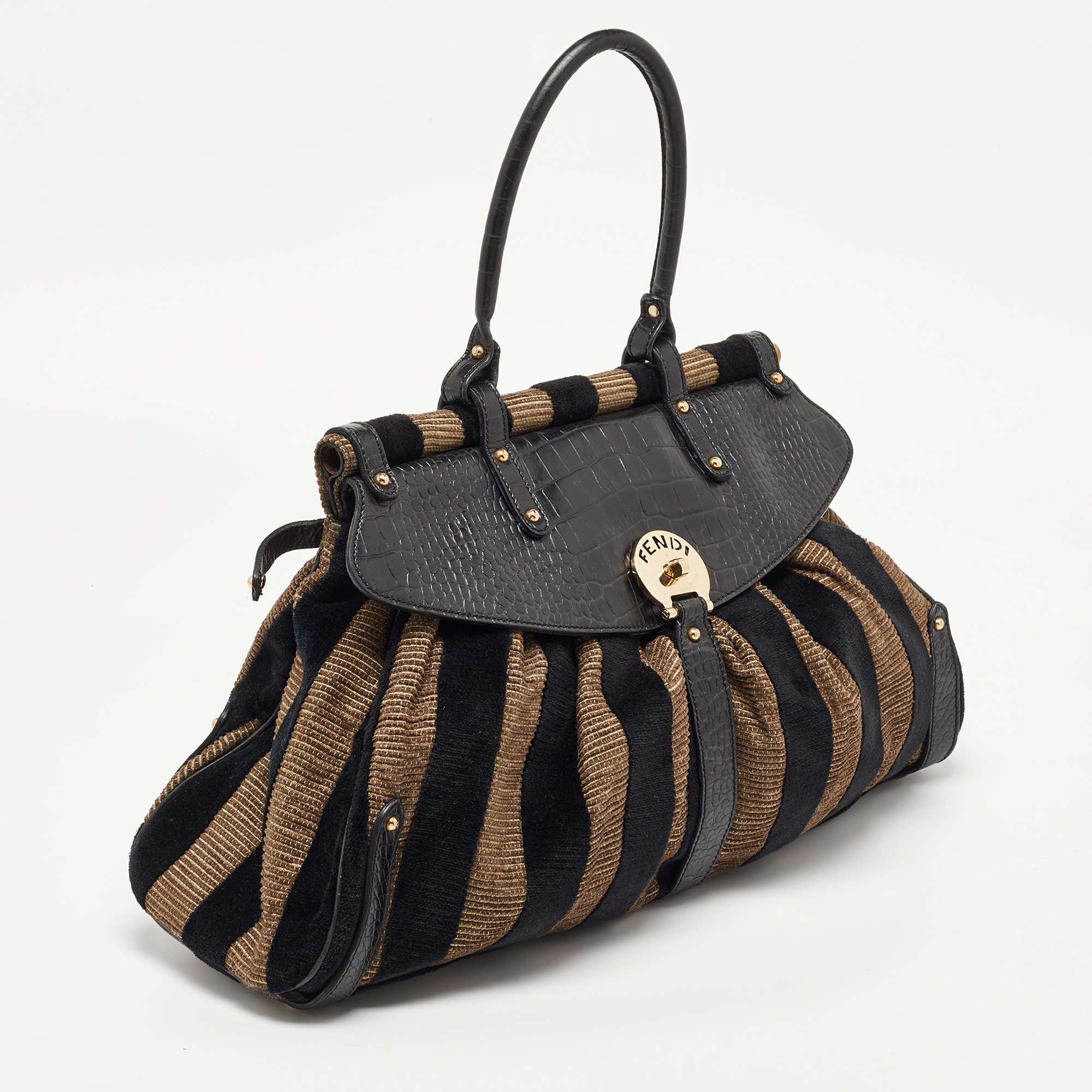 Fendi Black/Beige Pequin Striped Velvet And Croc Embossed Leather Magic Top Handle Bag
