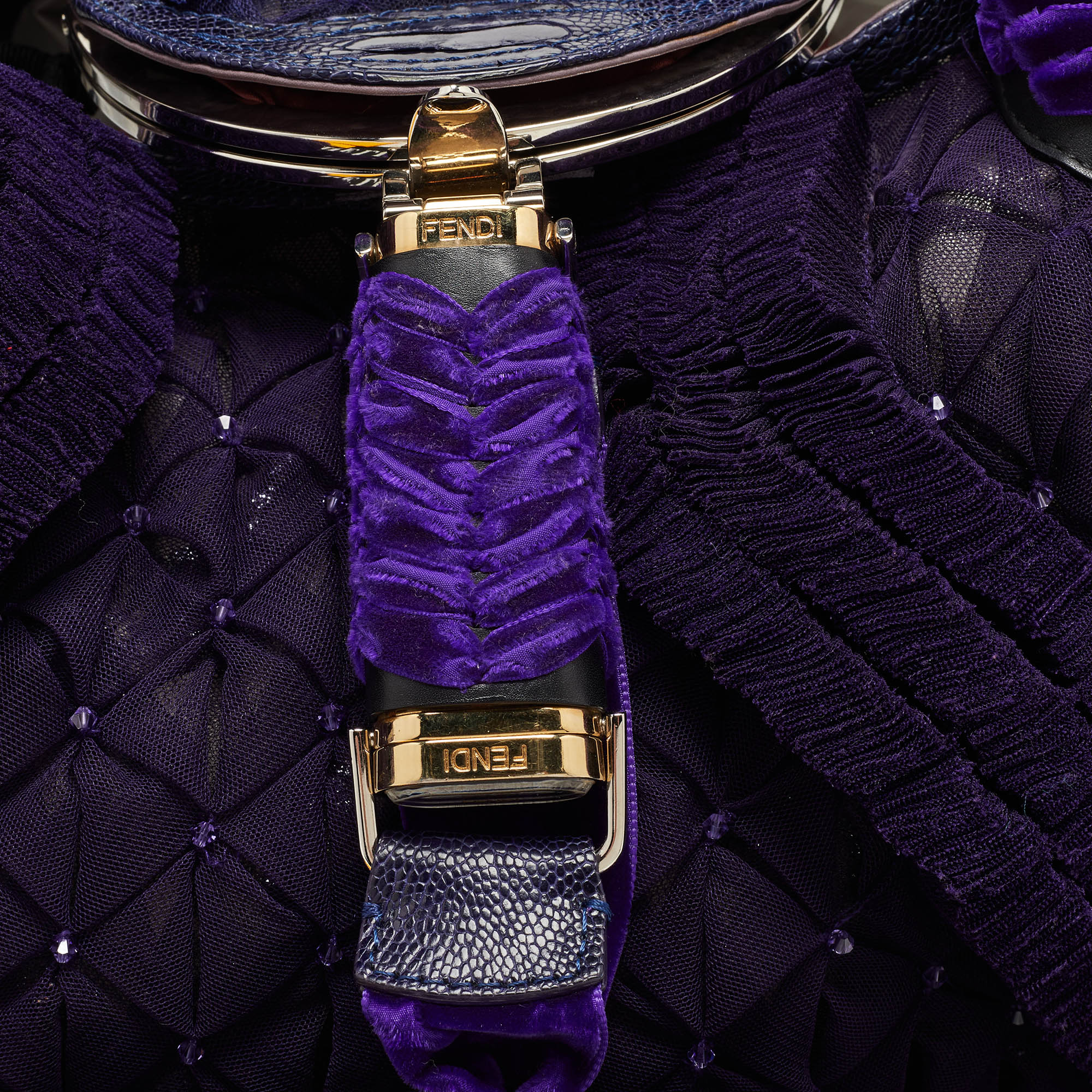 Fendi Purple Mesh,Velvet And Alligator Pearl Embellished Spy Hobo