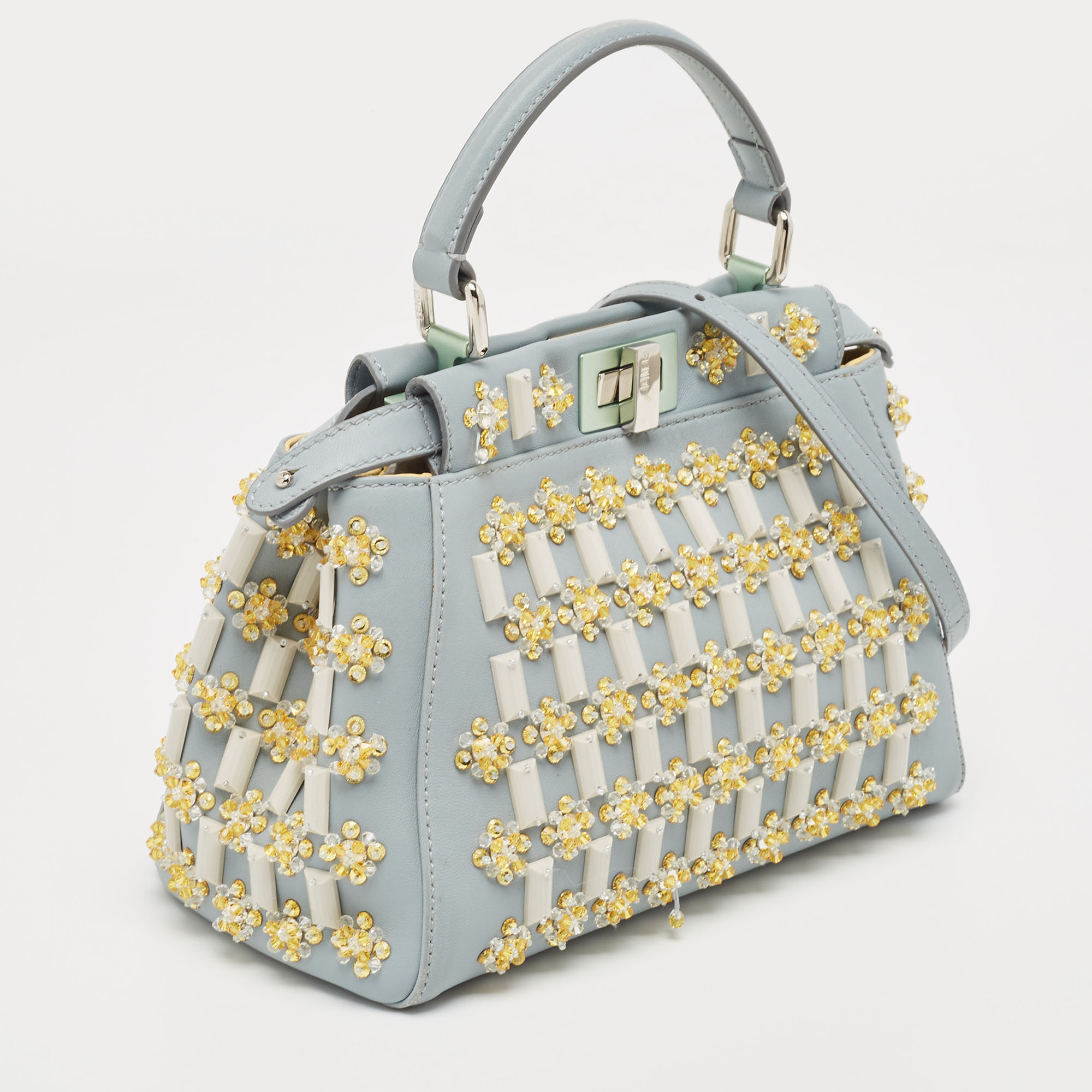 Fendi Sky Blue Leather Mini Crystal Embellished Peekaboo Top Handle Bag